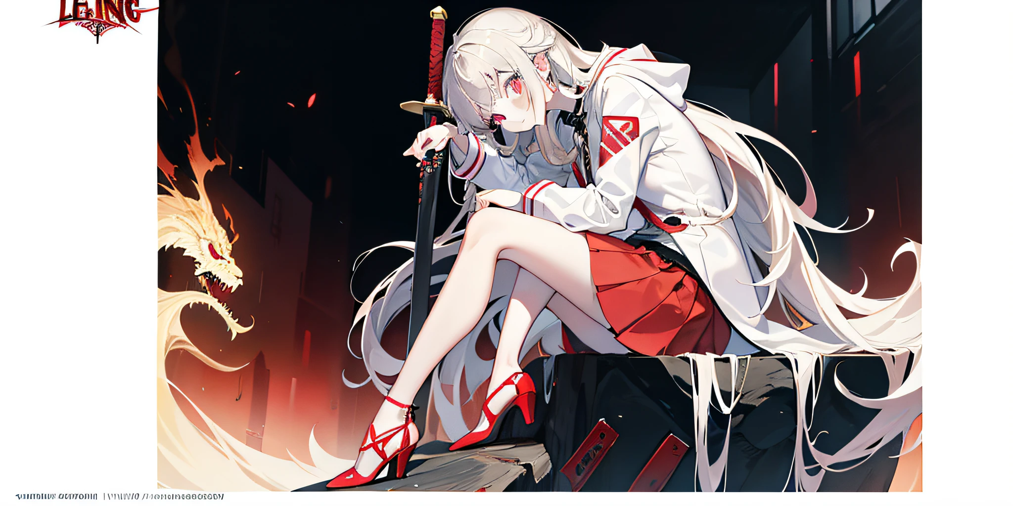 masterpiece, high quality, detailed, highres, 1girl, white coat, back, red long hair, standing, cropped leg, poster, text, character design, white background, simple background, pastel, pencil lineart, graphite, Rella artist art, Aesthetic Characters, Mood, graphite lineart, legs focus, black miniskirt, gun, sword, from side, legs focus, sitting