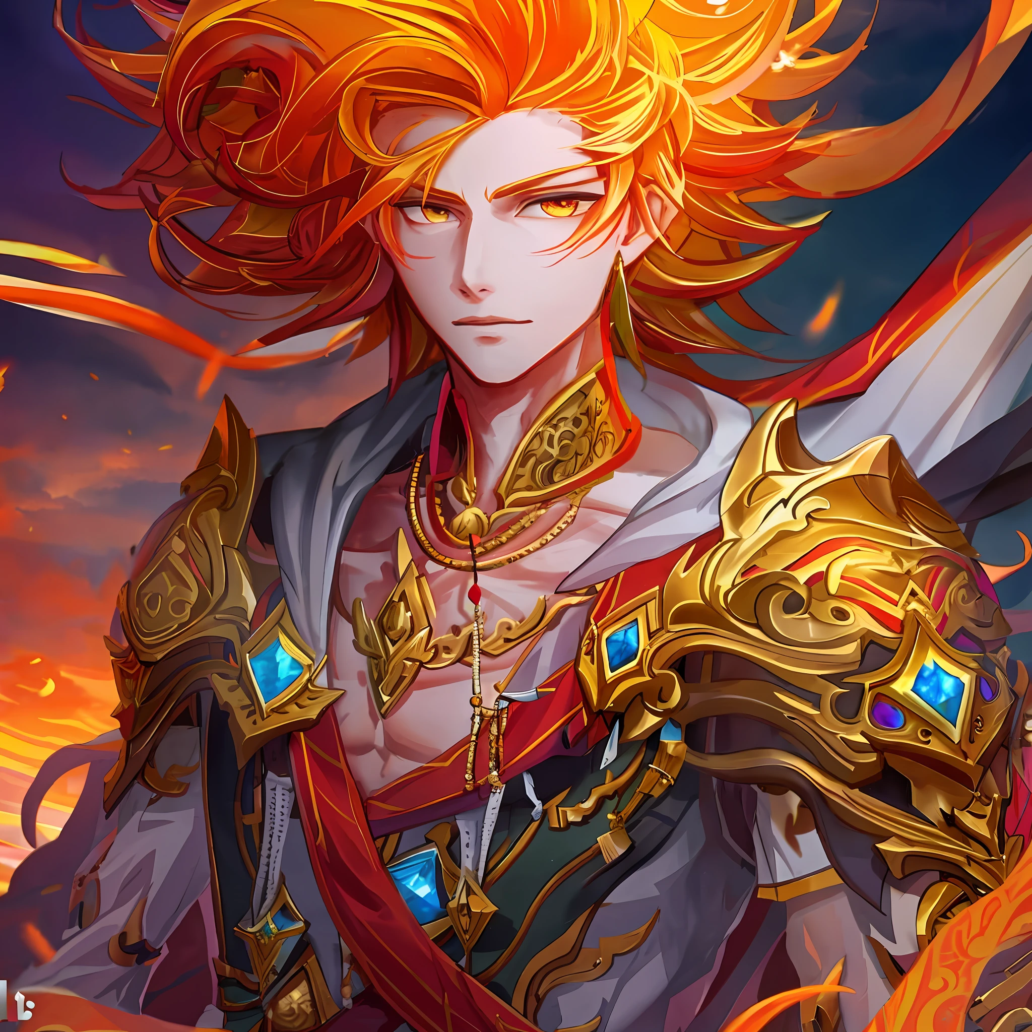 Envision a serene village filled with individuals who boast hair in a variety of striking and vivid colors. Their attire marries the fluid elegance of loose Chinese robes, decorated with intricate designs, and the ornate beauty of Hindu jewelry. Each piece of their outfit is a testament to their vibrant, richly blended culture. handsome, good-looking, sexy, muscular, elegant, bare chest, male