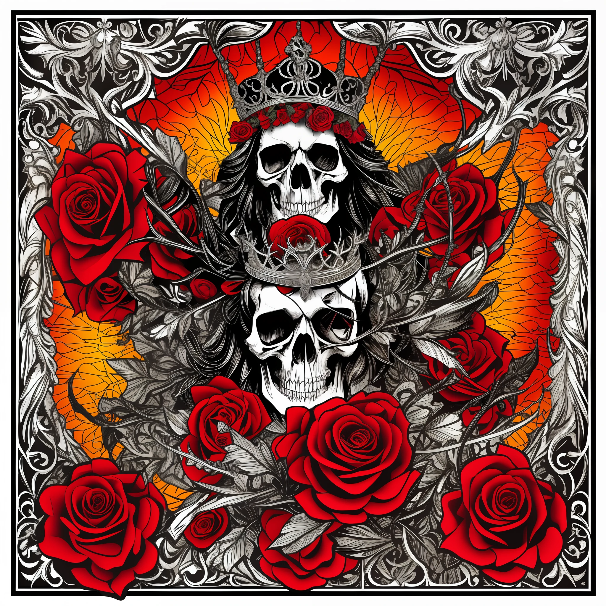 Ed Hardy Christian Audigier style vector print: Skull with crown of thorns, roses and tribal patterns. Strong lines, sinuous curves and elaborate details. Intense colors (black, red, gold). Striking typography. Basic settings: Pixel 1080x1080, Resolution 1, White Background. Advanced settings: Euler Method, Steps 20, CFG Scale 10, Seed 123, Upscale 2. Tags: [masterpiece], Ed Hardy, Christian Audigier, vector print, skull, crown, thorns, roses, tribal patterns, typography, intense colors. --auto --s2