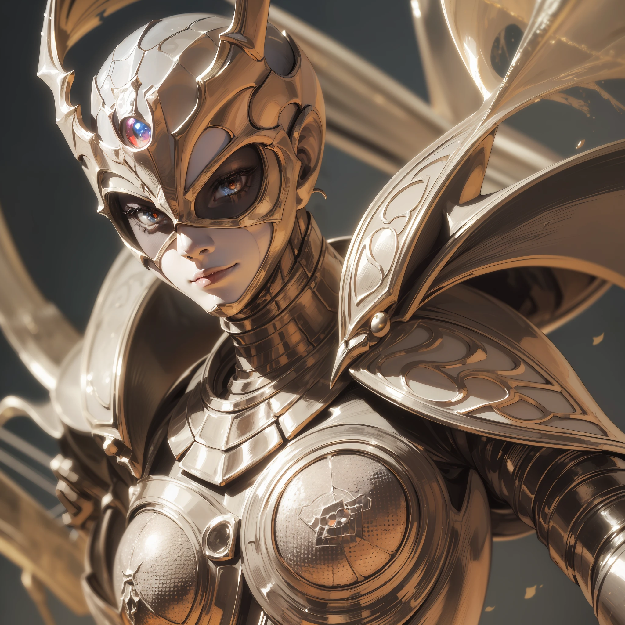 (a humanoid spider in armor),(masterpiece quality, best quality, ultra-detailed),(up close, realistic shadows),(bright metallic),(large, showy eyes),(sculpted body, high quality texture),(dramatization with dramatic lighting),(dramatic background in blur, artistic blurring),(underlines the upper body to enhance the heroic stance) --auto --s2