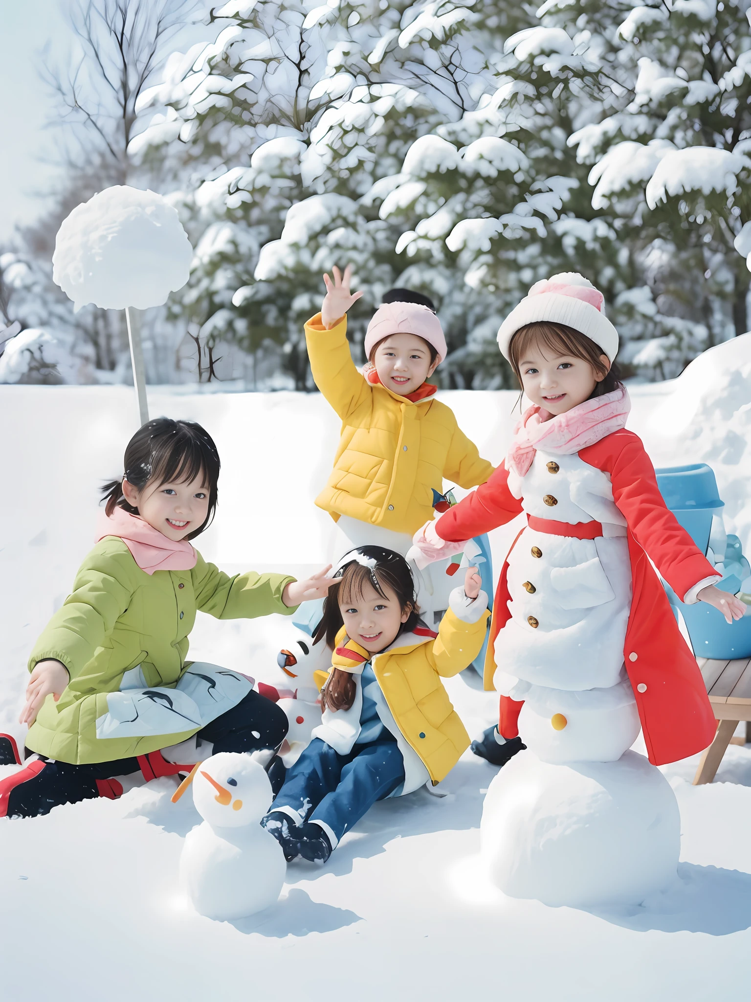 painting of children playing in the snow with a snowman, japanese 1 9 8 0's album cover, inspired by Matsumura Goshun, by Chizuko Yoshida, by Matsui Fuyoko, by Miwa Komatsu, by Kobayashi Kiyochika, by Matsumura Goshun, 1 9 7 0 s illustration