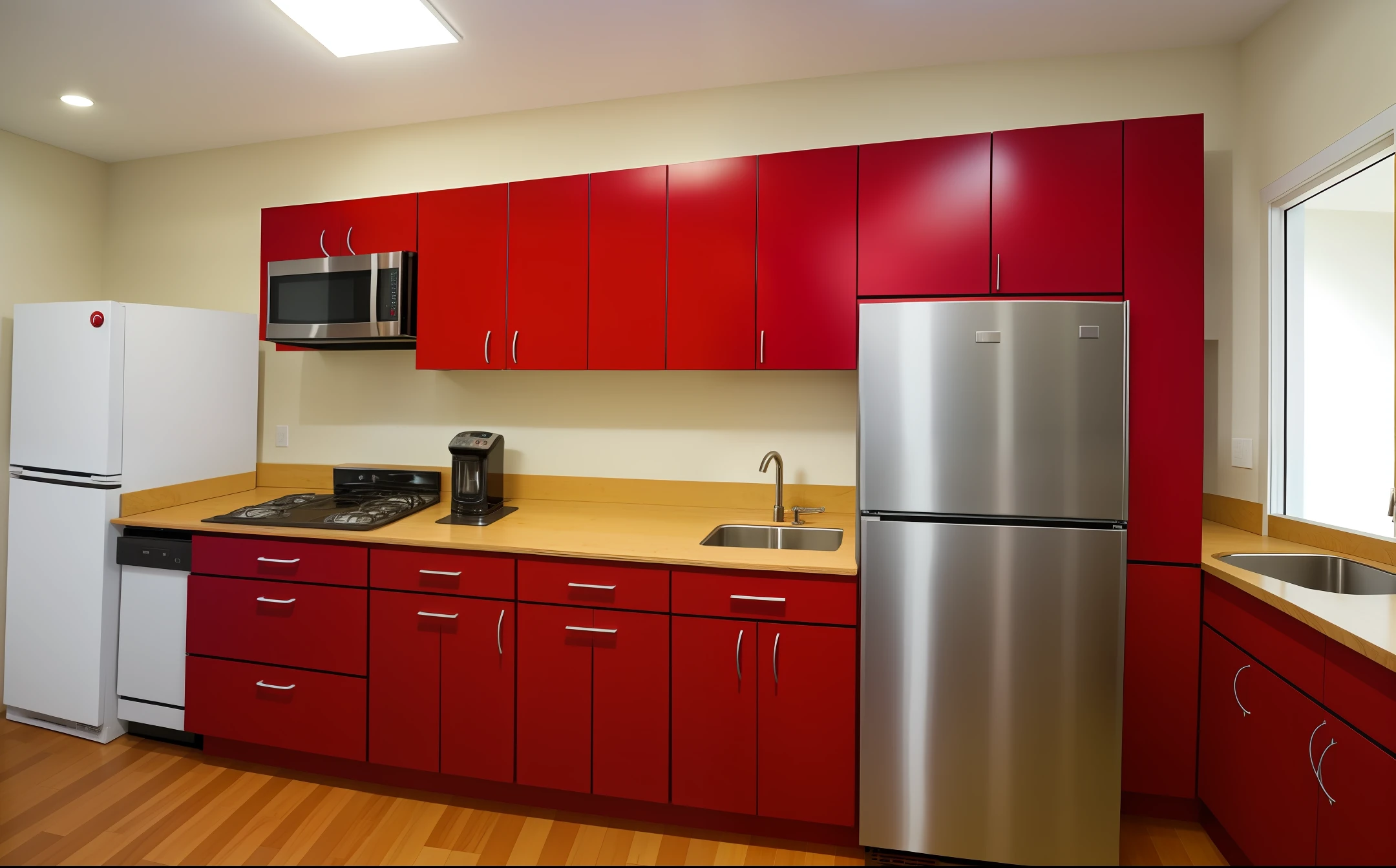 Kitchen with table, refrigerator, counter, red color steel cabinets