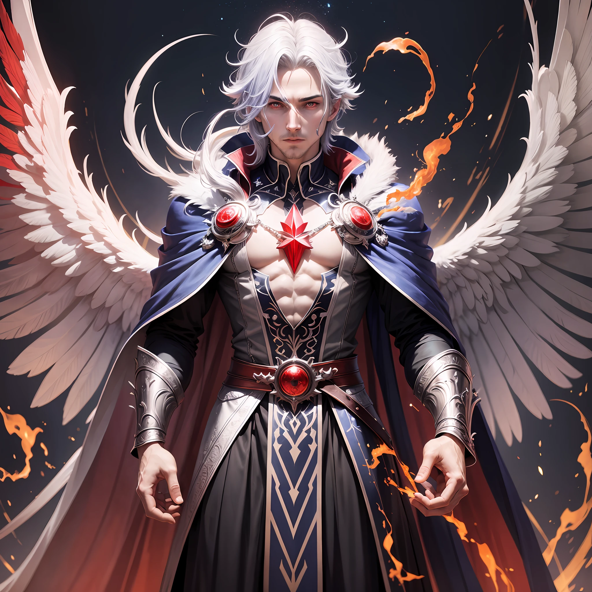 Wizard man with angel aspects maintaining the form of man but having
wings and eyes of two different colors keep the colors black and red --auto --s2