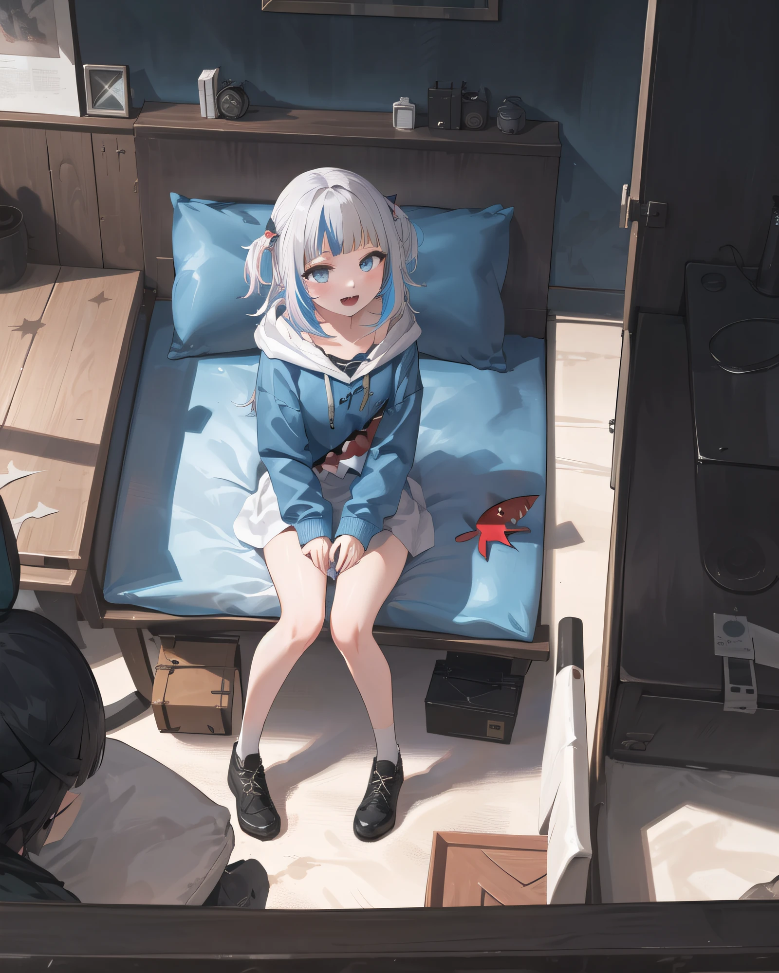 best quality,highly detailed,masterpiece,ultra-detailed,solo,(1girl),Delicate eyes,(white background:1.3),multicolored_hair, tail, virtual_youtuber, gawr_gura, sharp_teeth, v, blue_hair, fish_tail, streaked_hair, shark_tail, hoodie, teeth, shark_hair_ornament, blue_eyes, hood, hair_ornament, blunt_bangs, open_mouth, blue_hoodie, solo, two-tone_hair, two_side_up, letterboxed, bangs, long_hair,