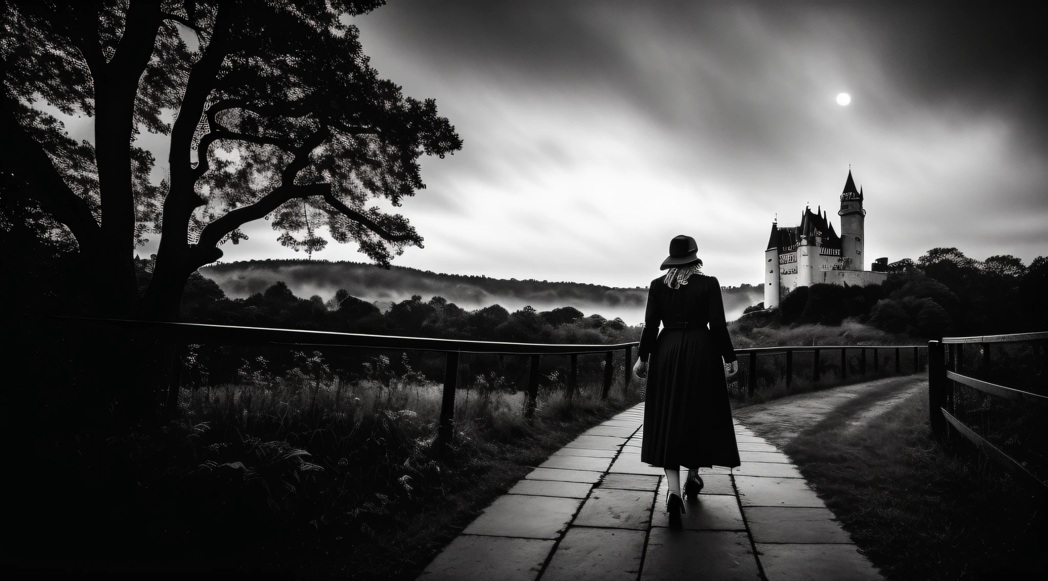 aged photo of a woman in a dress on her back, walking towards an iron gate, background with castle on top of a hill, night sky, dense clouds, moon, trees, body, highly detailed skin, highly detailed texture, skin pores, darkness, dense fog, depth of field, terror, view from below, 8k uhd, Dslr, heavy lighting, maximum quality, dramatic light, high contrast, drama, night, film grain, Fujifilm XT3