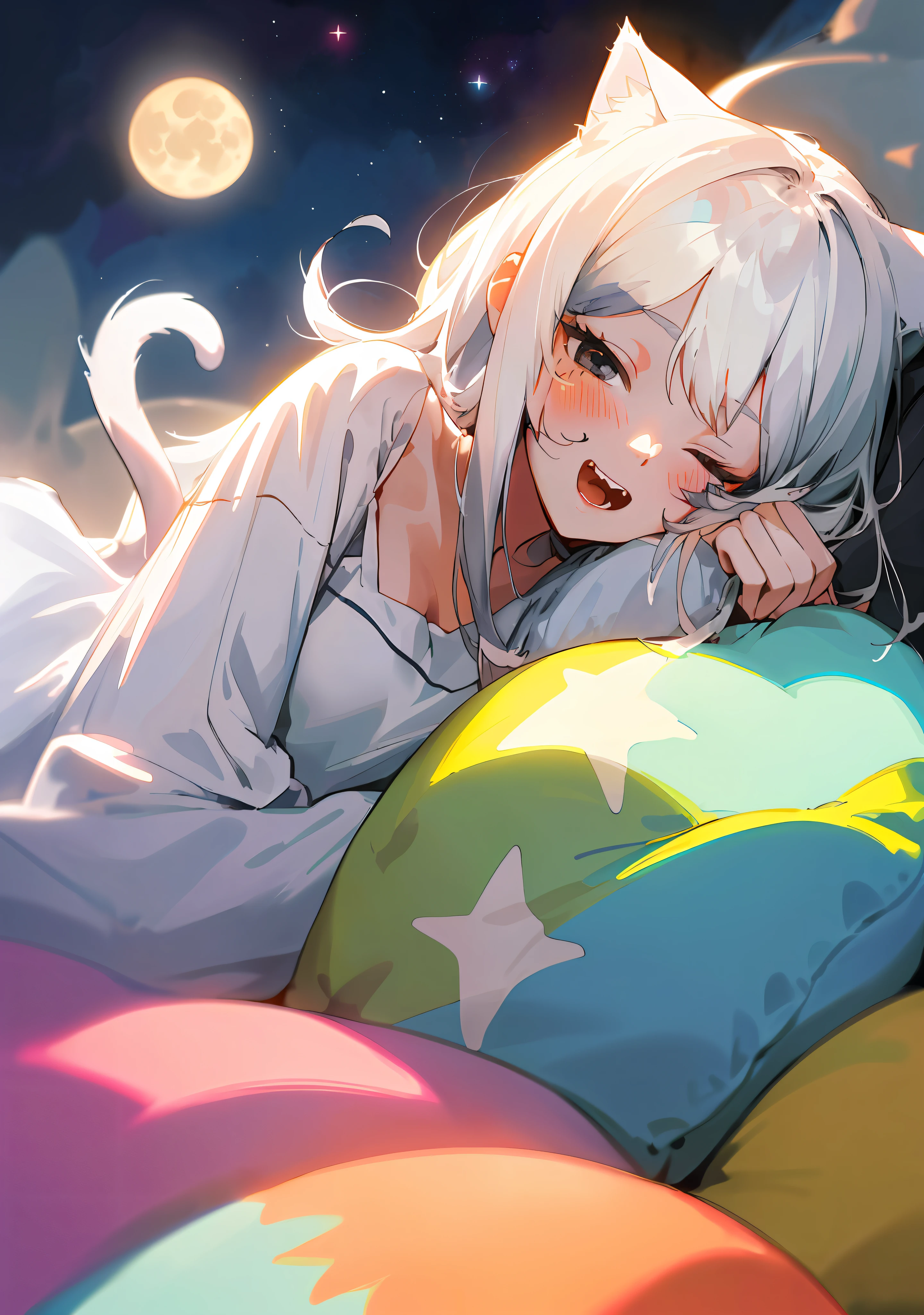 Brilliant Colorful Paintings, illustration, ligne claire, (dreamy), (colorful:1.3), perfect composition, original character, ((((Yawn))), comfutable, Cute Fangs, Windsweep Dished White Hair, Girl In Loose Pyjamas, Siting lying on a soft pillow, behind her is a huge moon and a sea of stars, (long white hair: 1.1), (eyes closed), masterpiece, natural volumetric light and best shadows, depth of field, sharp focus, amazing portrait of beautiful cat-eared girl, soft and delicate beautiful charming face with charming black eyes, cute small breasts, sharp eyeliner, blooming, picturesque,