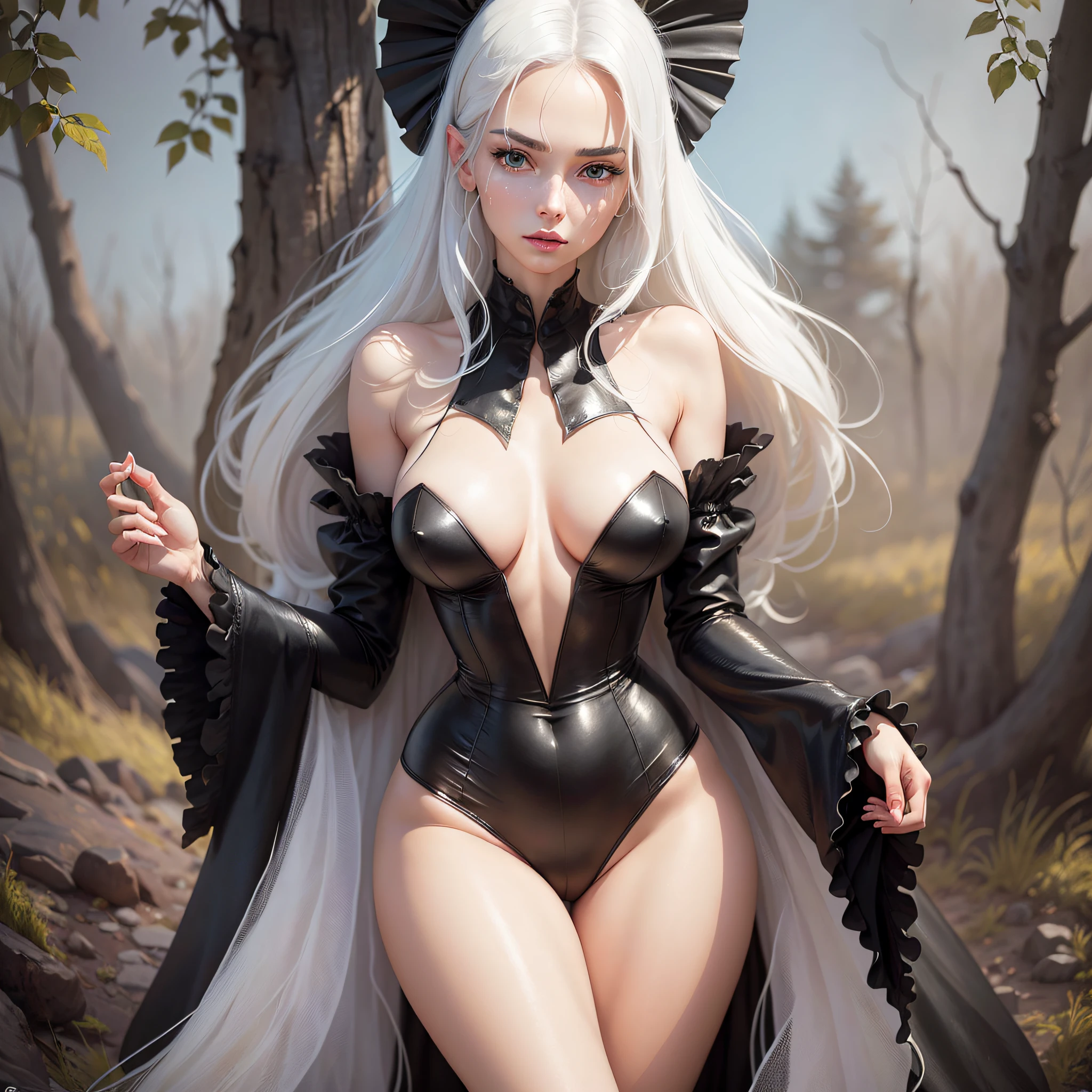 (Best Quality, High Resolution, Masterpiece: 1.3), a tall perfect woman with a slender figure, (white hair, black bunny girl), dressed sexy revealing, in the prairie, details of face and skin texture are beautifully presented, detailed eyes, double eyelids, sexy pose, realistic, leaky half breast ball, full body shot --auto --s2