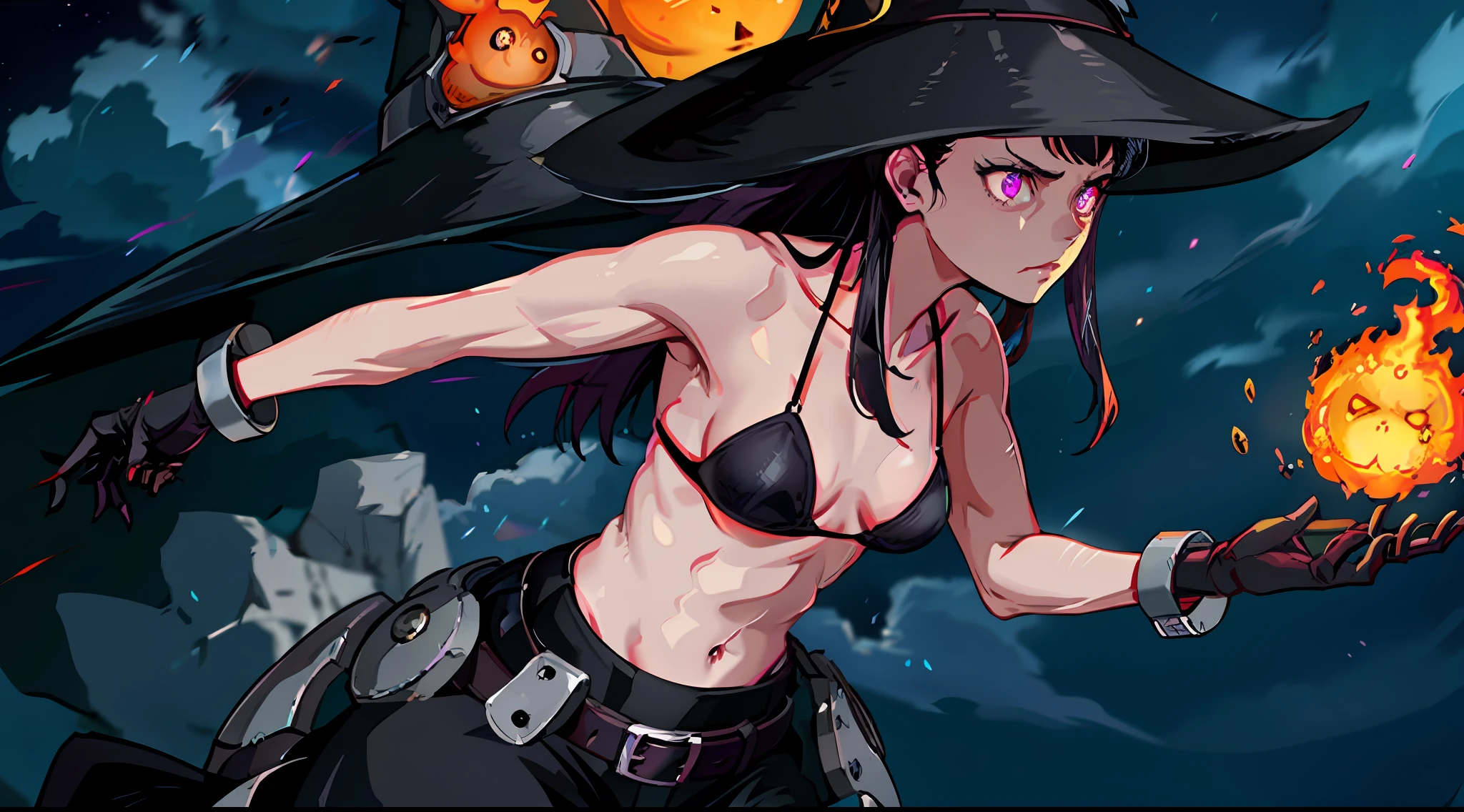 MakiOze, MageCL, 1girl, flame effect, flame in hand, cowboy shot, fierce expression, small breasts, bra, gloves, slim, glowing eyes, navel, pale, dark sky, red moon, exterior, light particle, motion lines, purple eyes