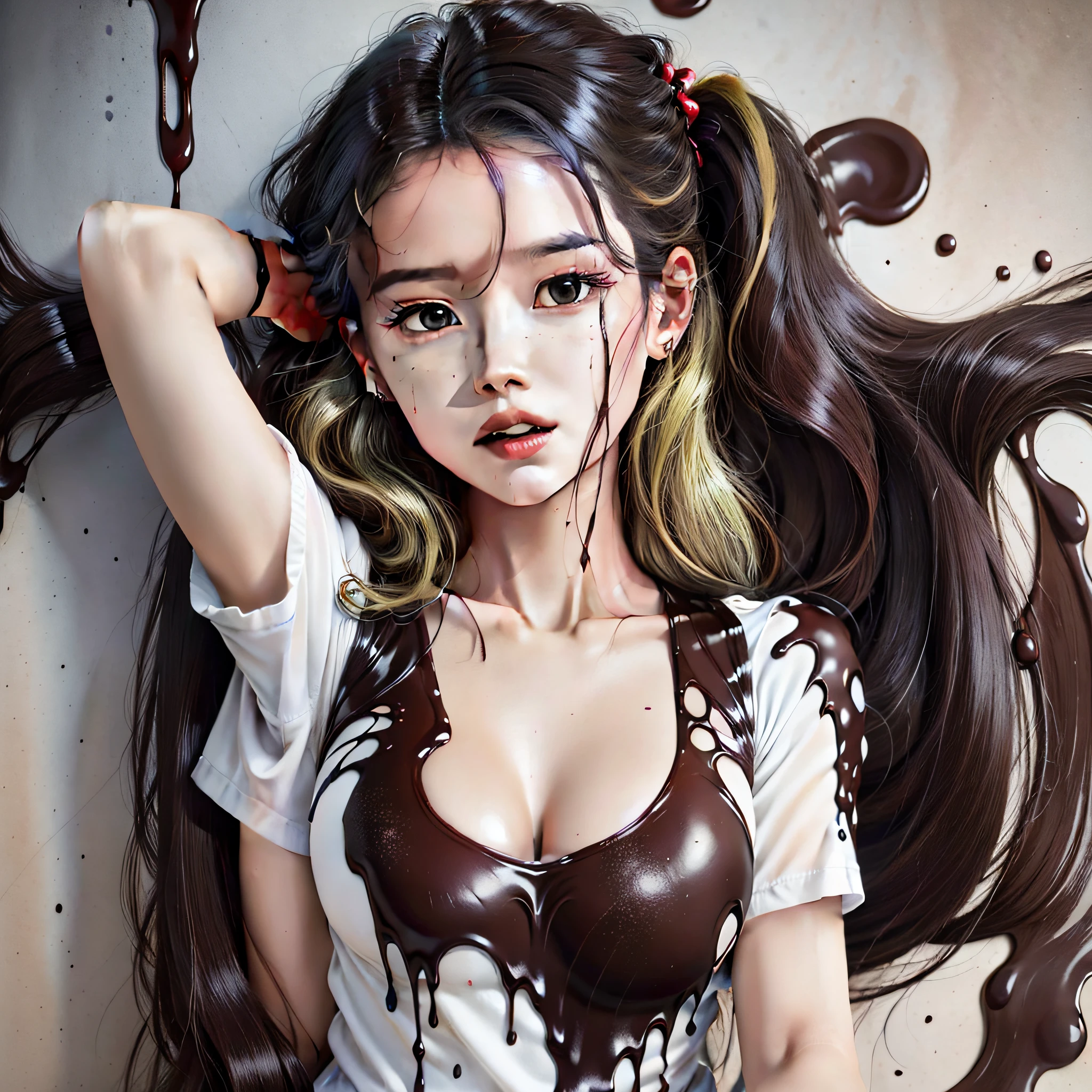 Best Quality, 8K, 32K, Masterpiece, Ultra HD, hyper realistic photograph, Female K-Pop Idol, long blonde hair, Ultra Fine Face, Delicate Lips, Beautiful Eyes, wearing a t-shirt and shorts, walking down a hallway, chocolate pouring down from the ceiling, chocolate dripping from above, chocolate dripping down her face, chocolate dripping down her chest, smothered in melted chocolate, sludge, covered with liquid tar. dslr, oozing black goo, chocolate river, made of smooth black goo, chocolate, chocolate covered woman, smothered in melted chocolate, chocolate sauce, covered with pudding. dslr, chocolate, chocolate. highly detailed