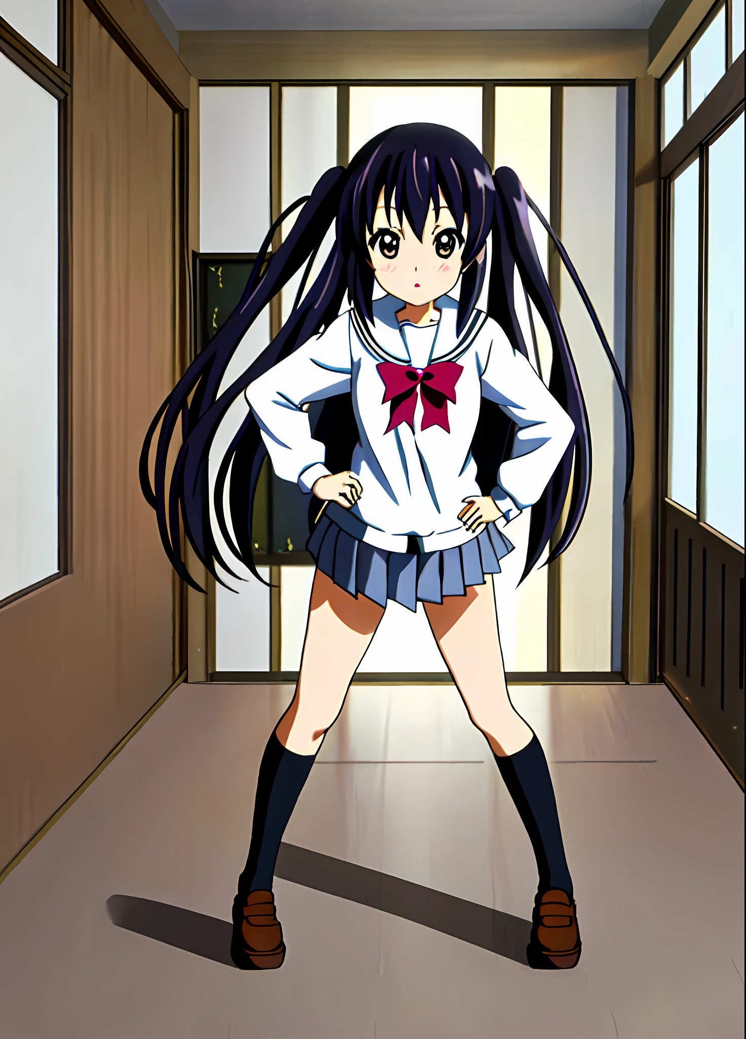 {{{nakano_azusa }}}},{loli},twintails,2010s,sketch,k-on,Sakuragaoka High School uniform. (((Masterpiece))). (((highest quality))).) ((super detail))). (((Illustration))). (((room))). (((Indoor))). (((hands on hips)))). Close range.small breast.