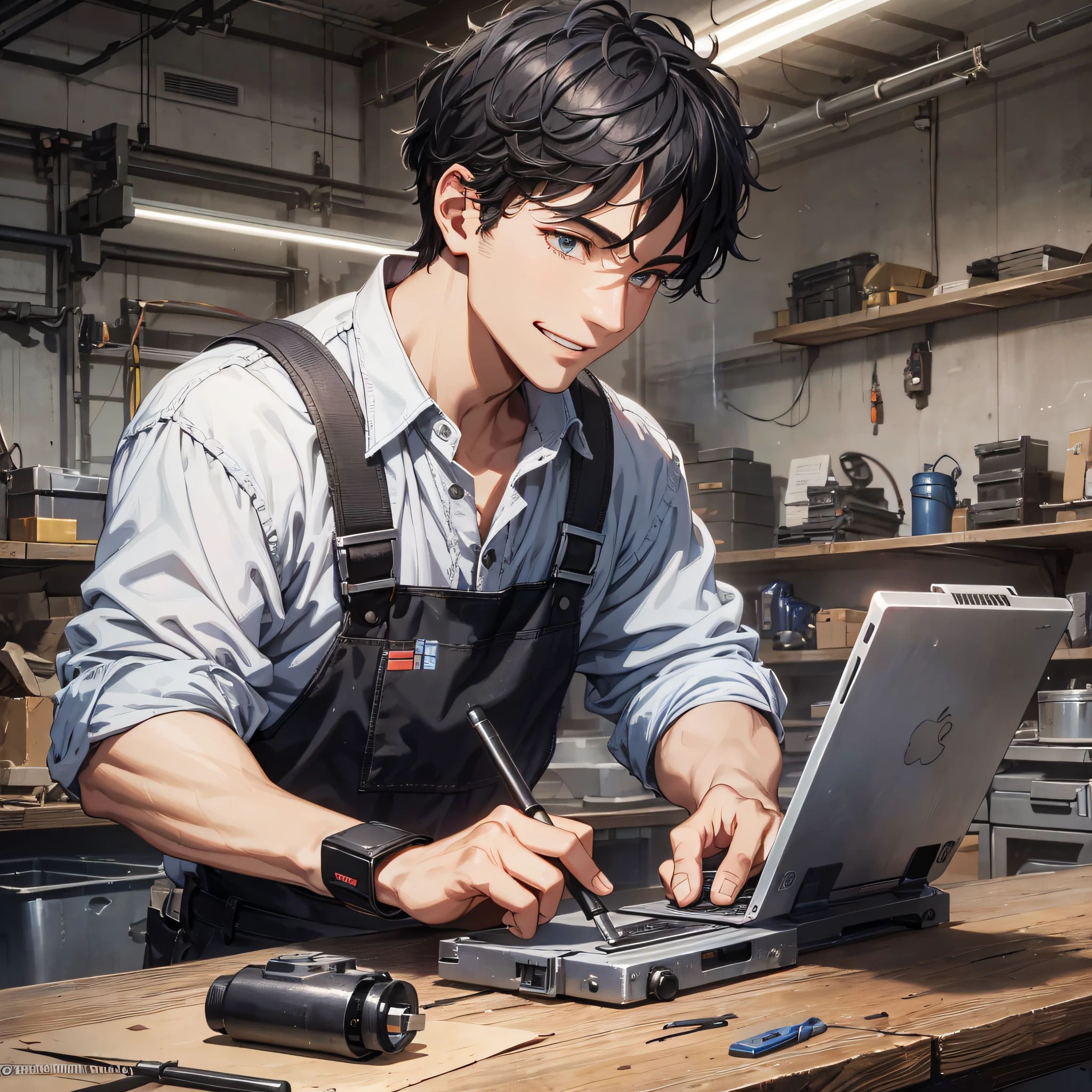 Absurd resolution, high resolution, (masterpiece: 1.4), hyper-detail, young man's messy short black hair, welder dressed up, answering the phone (1.2), happy expression, factory high-tech workbench, tech-sense screen