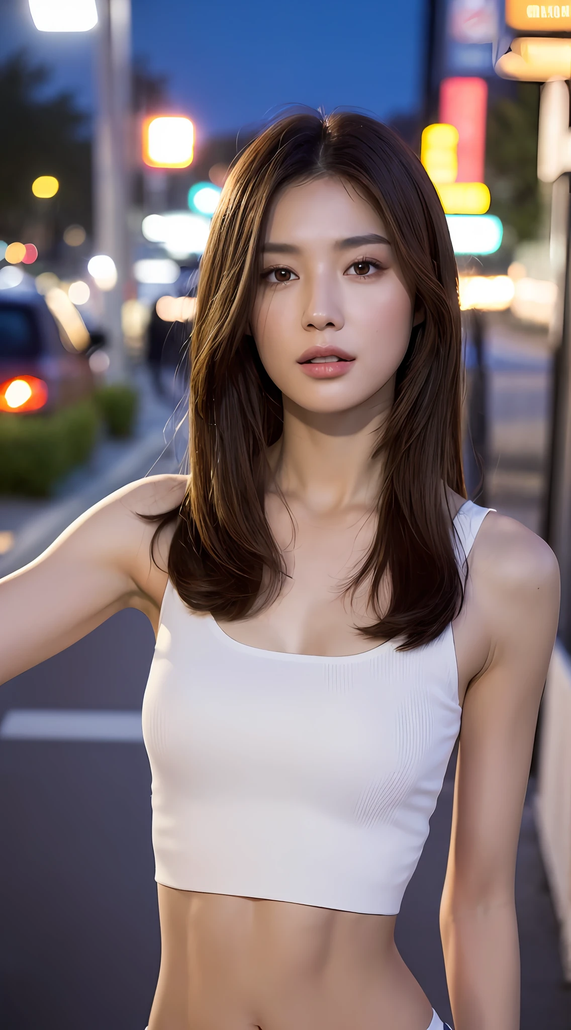 ((Realistic lighting, Best quality, 8K, Masterpiece: 1.3)), Clear focus: 1.2, 1girl, Perfect Figure: 1.4, Slim Abs: 1.1, ((Dark brown hair)), (White crop top: 1.4), (Outdoor, Night: 1.1), City streets, Super fine face, Fine eyes, Double eyelids,