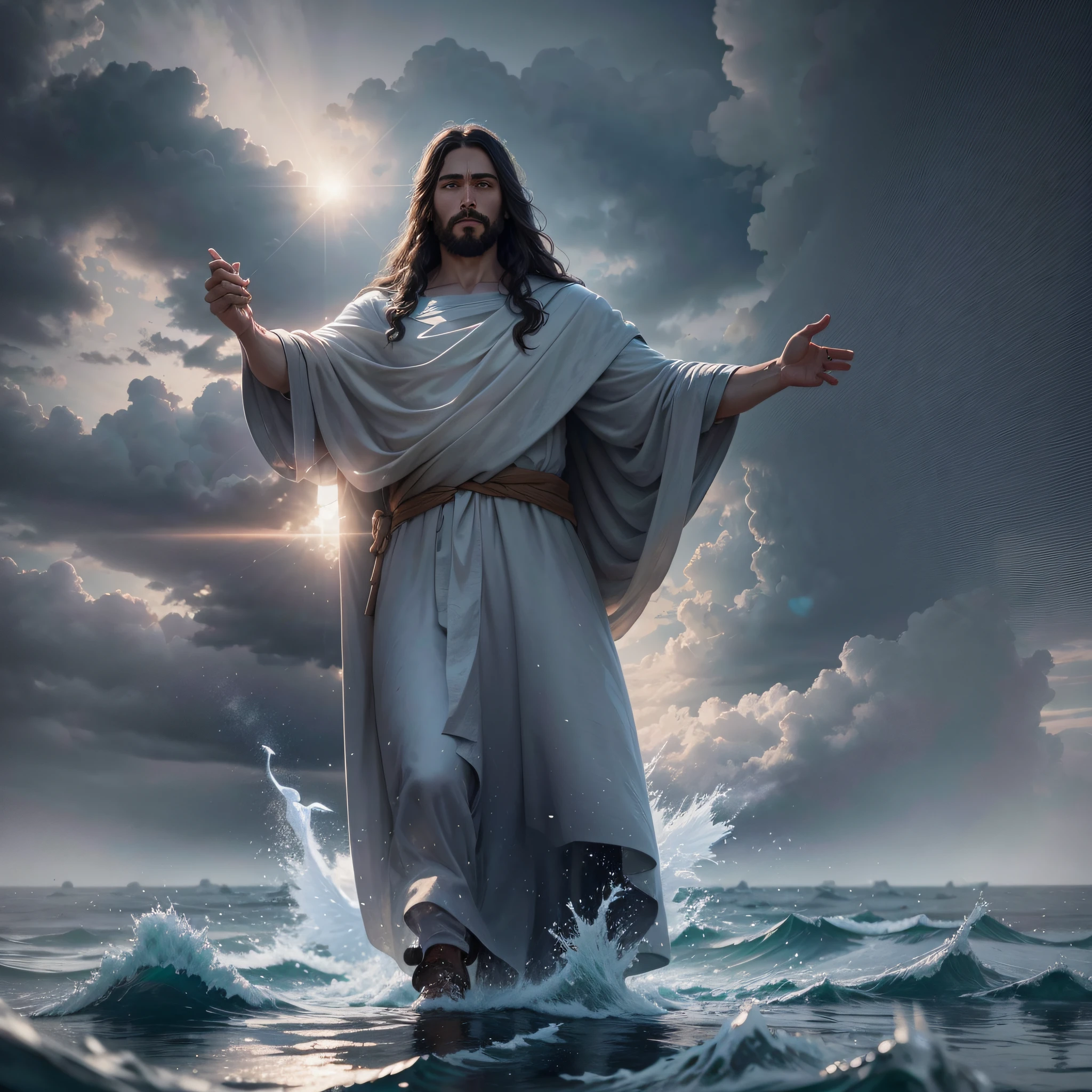 jesus walking on water amid blue sky, a flying white dove, realistic, best quality, high quality, 8k unit wallpaper CG extremely detailed, photorealistic, extremely detailed, volumetric lighting, in one hand a leaf, on sheet written Alexis --auto --s2