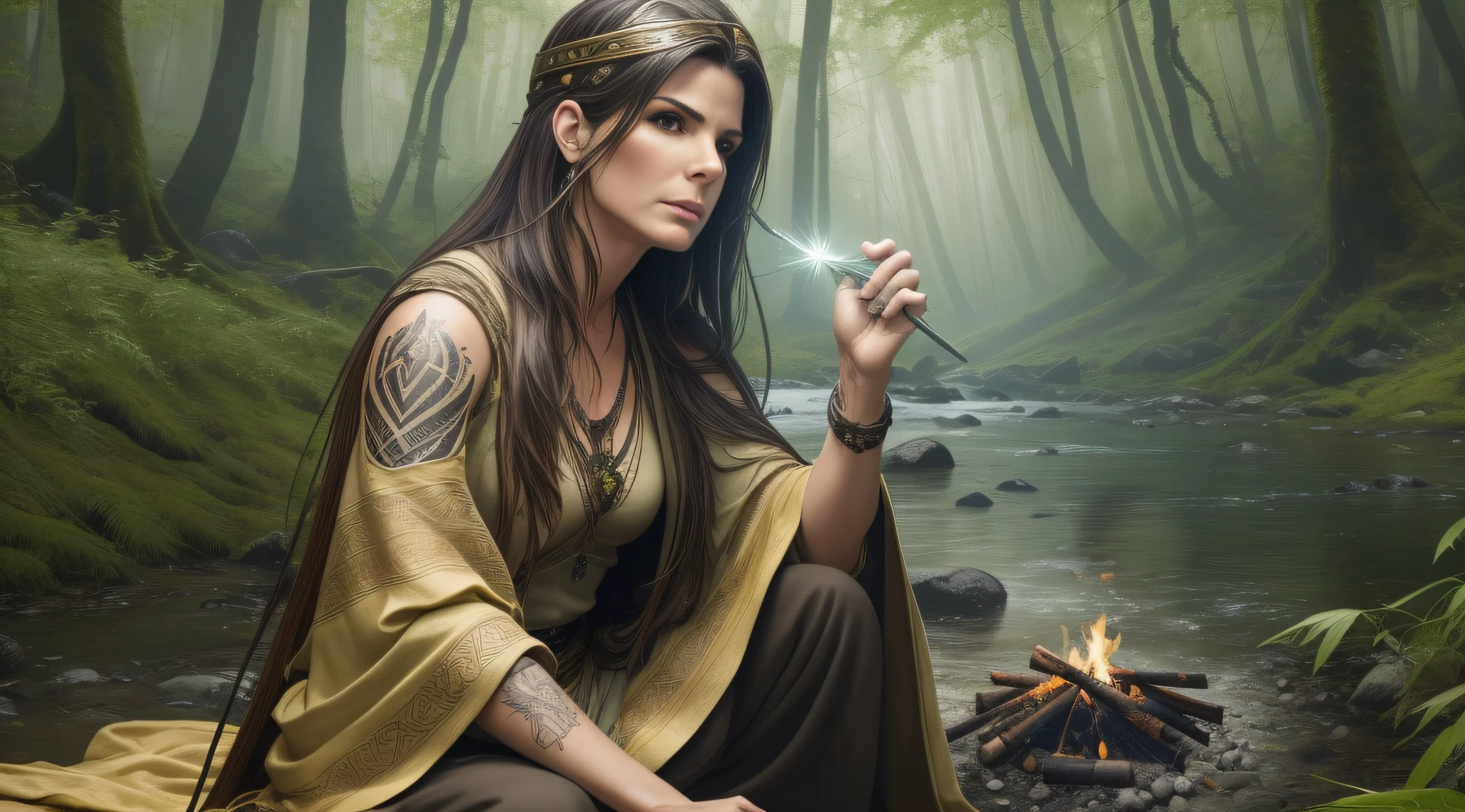 Sandra Bullock is a very beautiful woman, a Viking warrior sitting near a campfire at dawn in the middle of a forest on the edge of a stream, the vegetation is green and the lights pass through the leaves of the trees, a soft mist covers the environment, white and gold clothes and black details, Celtic tattoos for the body.  colorful, two-dimensional