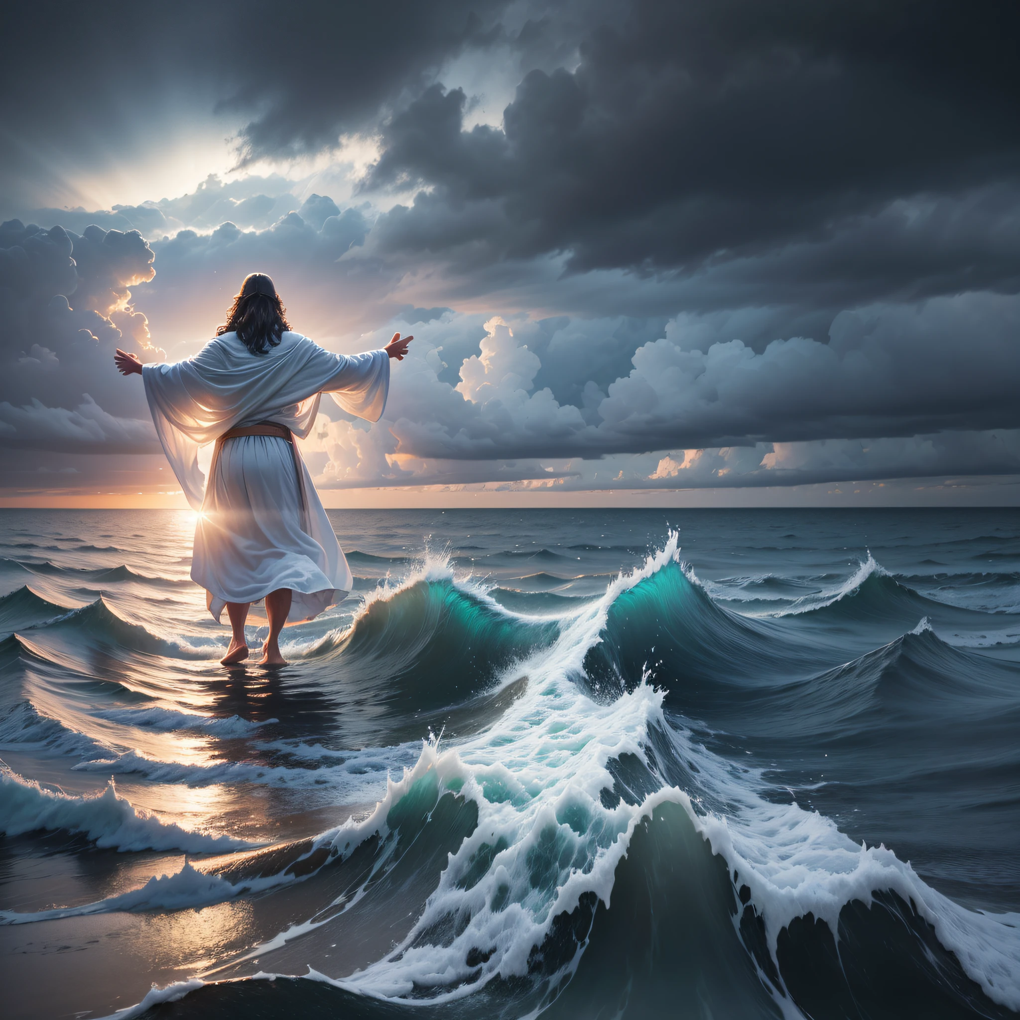 jesus walking on water in the middle of a storm, masterpiece, best quality, high quality, 8k unit wallpaper CG extremely detailed, photorealistic, extremely detailed, volumetric lighting, in one hand a sheet, on sheet written Alexis --auto --s2