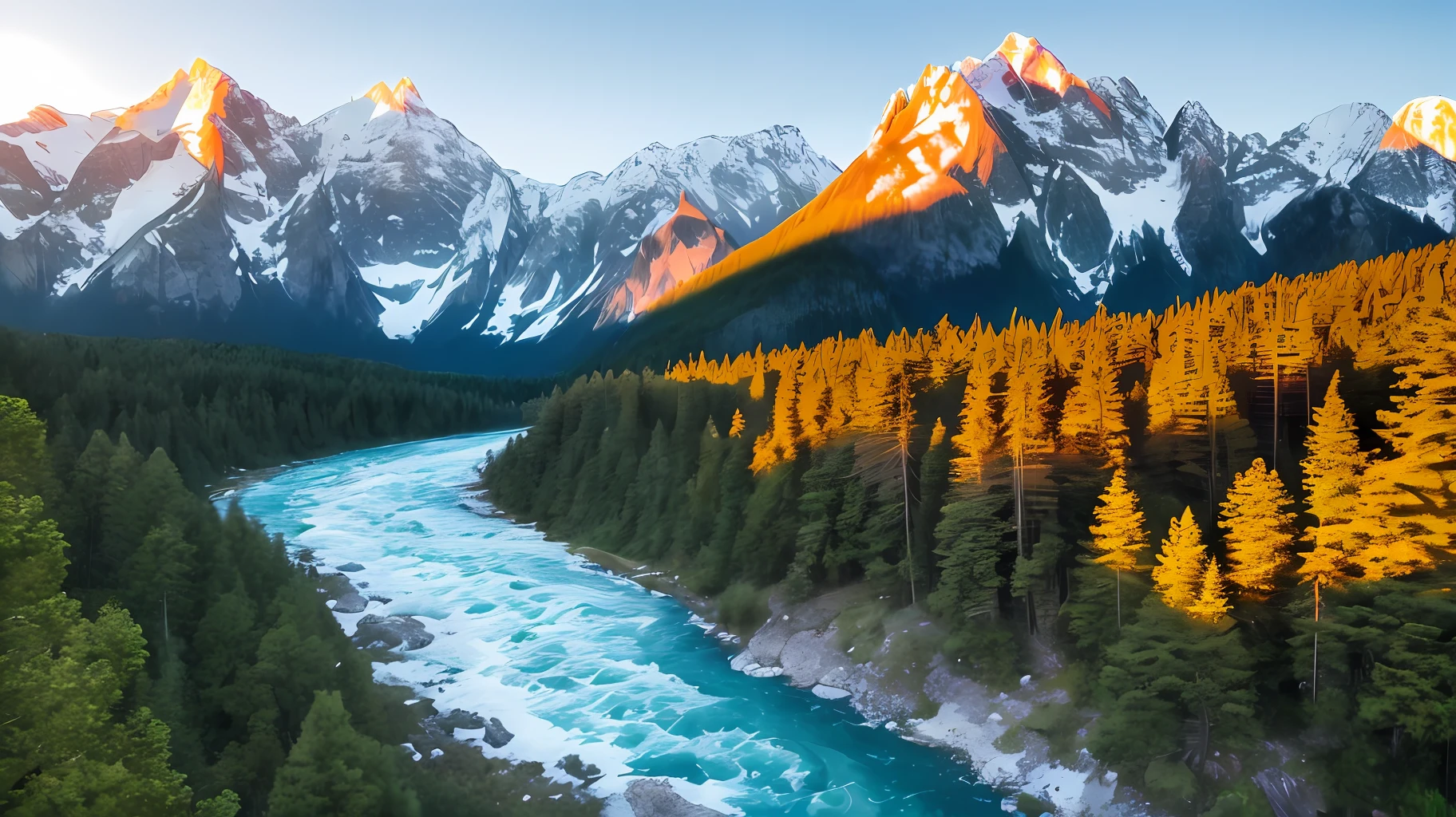 Panoramic view of a mountain range during the golden hour, ultra realistic, 8k, tall trees only wind, eagle flying nearby, turbulent river with crystal clear waters, raining a lot