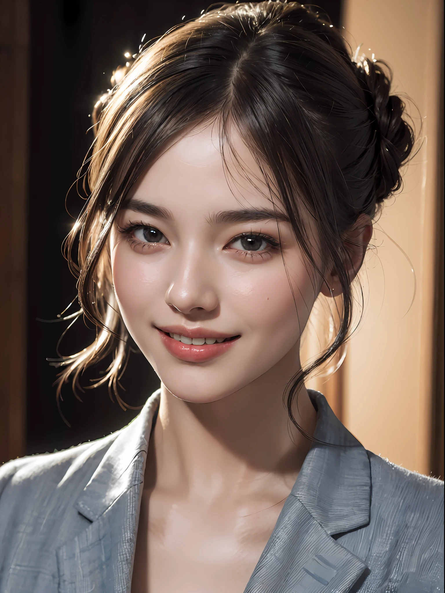 Best Quality, Masterpiece, Ultra High Res, (Photorealistic: 1.4), Raw Photo, 1girl, Silver Hair, Formal Updo, Bright Skin, Dramatic Lighting, (Smile: 1.2), Brunette