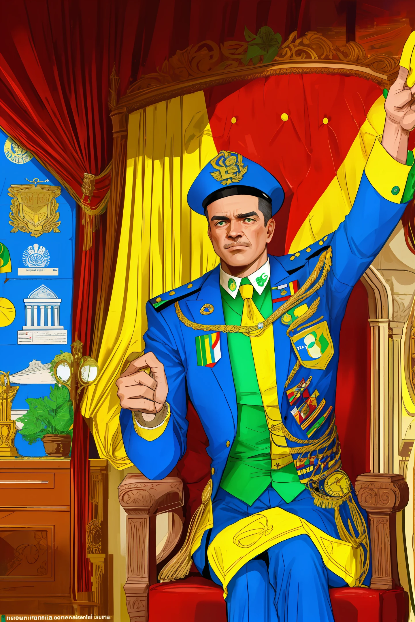 "Dr. Enéas Carneiro is sitting in the presidential chair, with an upright posture and confident expression. He wears an elegant suit and tie. The presidential chair is imposing, with a high back and details that refer to power and authority. The surrounding atmosphere is solemn, with the Brazilian flag in the background. Dr. Aeneas holds an important document in his hands, symbolizing his commitment to responsible governance. The lighting is soft, highlighting his presence and importance in the position of president of Brazil."
