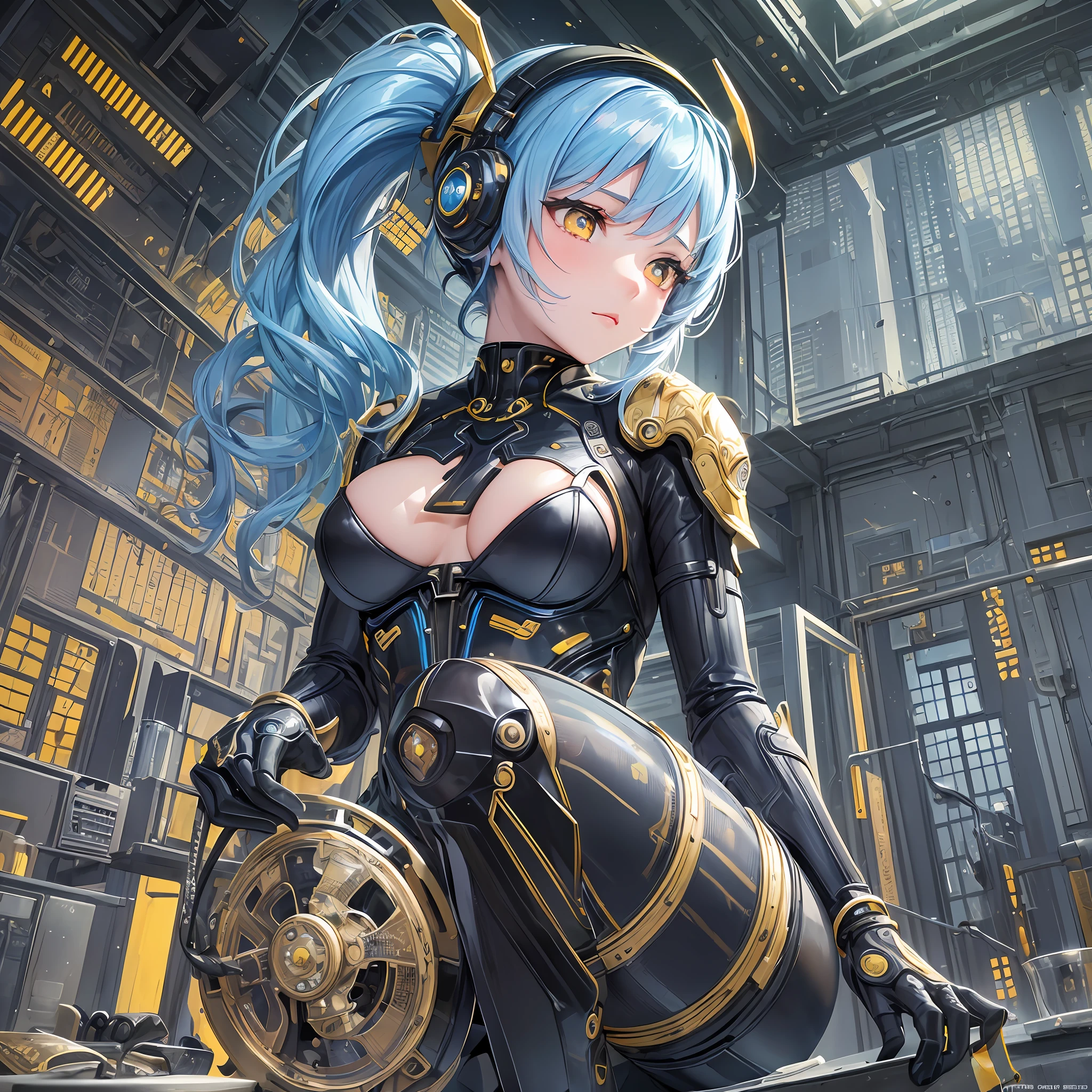 (((masterpiece))), (((best quality))), ((ultra-detailed)), (highly detailed CG illustration), ((extremely delicate and beautiful)), cinematic light,((1girl)), solo, (upper body), (character focus), absurd, high contrast, extremely detailed, colorful, more detailed, science fiction, nanosuit, high ponytail, (light blue hair), yellow eyes, knee boots, (interior of the spaceship), mechanical limbs, large breasts, metal wire, --auto --s2