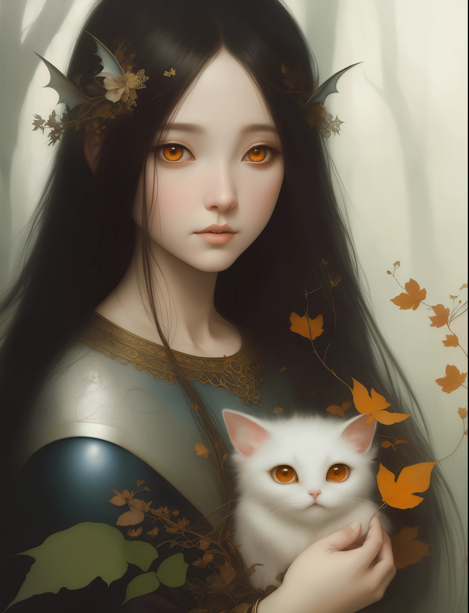 Cute stuffed bat, in a forest, large amber eyes, looking at camera, ((white background)) fantasy, sunlight, sunbeam, intricate detail. 8k, dreamlike, surrealism, super cute, symmetrical, soft lighting, trending on artstation, intricate details, highly detailed, unreal engine, by ross tran, wlop, artgerm and james jean, Brian Froud, art illustration by Miho Hirano, Neimy Kanani, oil on canvas by Aykut Aydoğdu, oil painting, heavy strokes, paint dripping