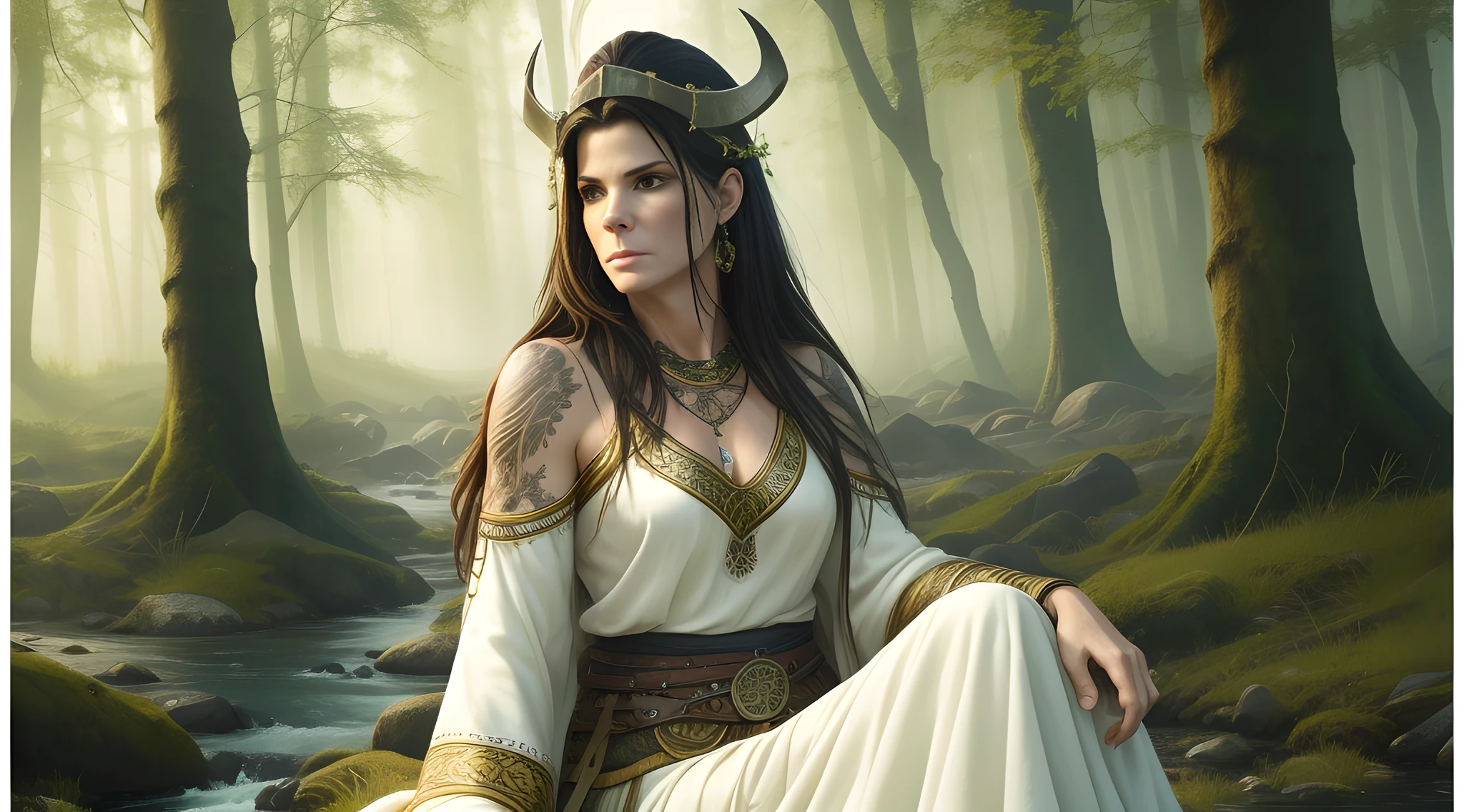 Sandra Bullock is a very beautiful woman, a Viking warrior sitting near a campfire at dawn in the middle of a forest on the edge of a stream, the vegetation is green and the lights pass through the leaves of the trees, a soft mist covers the environment, white and gold clothes and black details, Celtic tattoos for the body. colorful, two-dimensional
