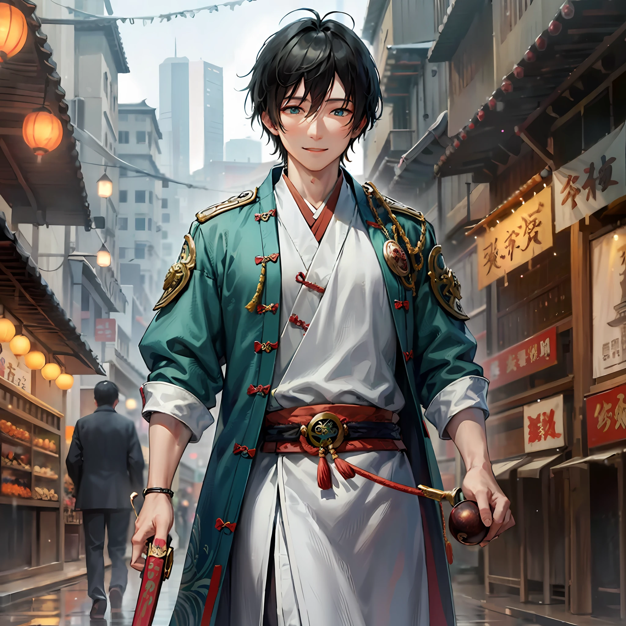 Song Dynasty street market, Rainy days. The handsome prodigal son roams freely through the street market with a long sword in hand, Smiling and shining eyes, Rich in ancient style, Clothing that goes well matched, Capture the breath of antiquity., nihongami, light smile, aqua eyes, eyeball, character chart, reference sheet, anime style --auto --s2