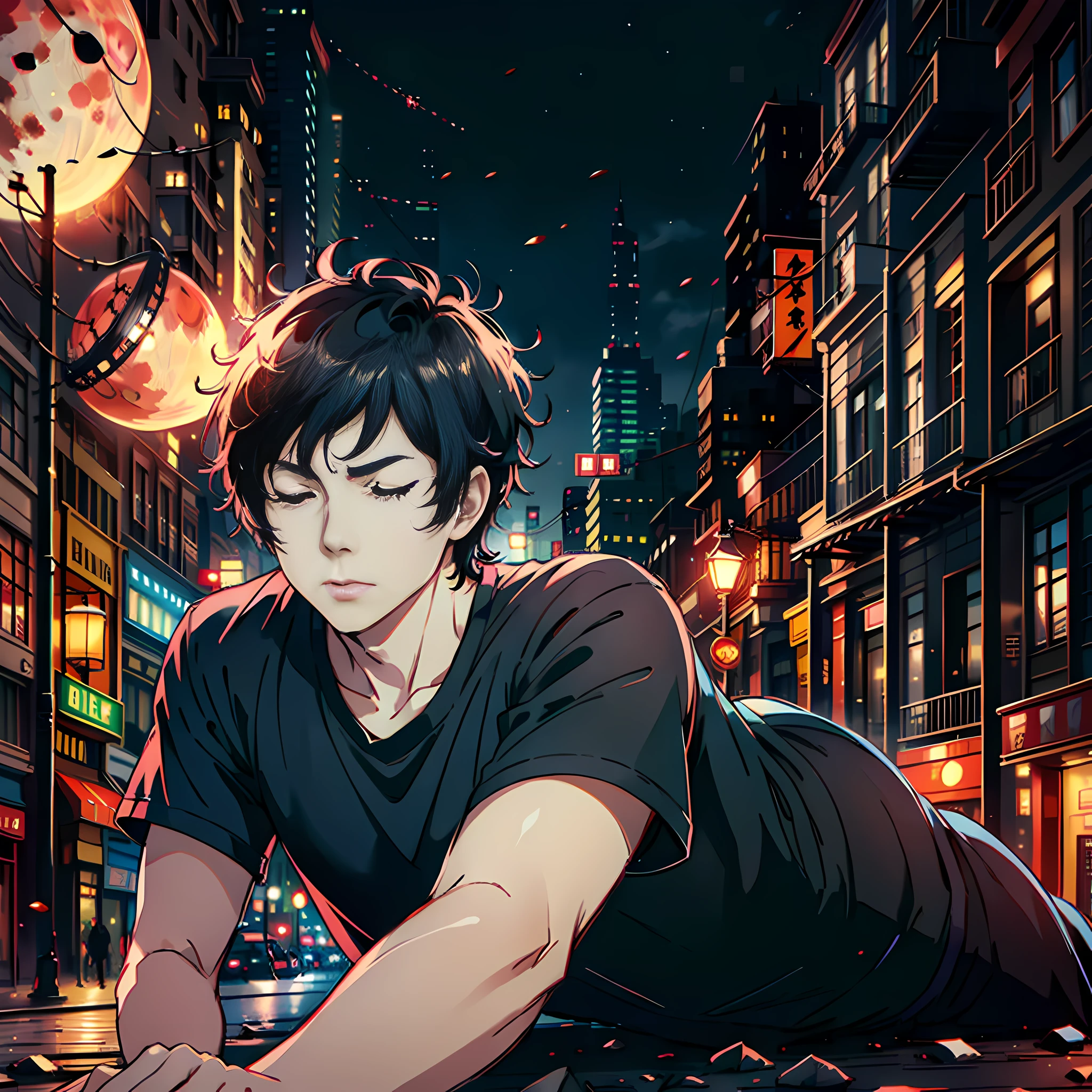 City night, red moon, a man lying flat on the ground, black short sleeves, black hair, super high detail, eyes closed, twitching, highly real, 4K, chiaroscuro, super high detail