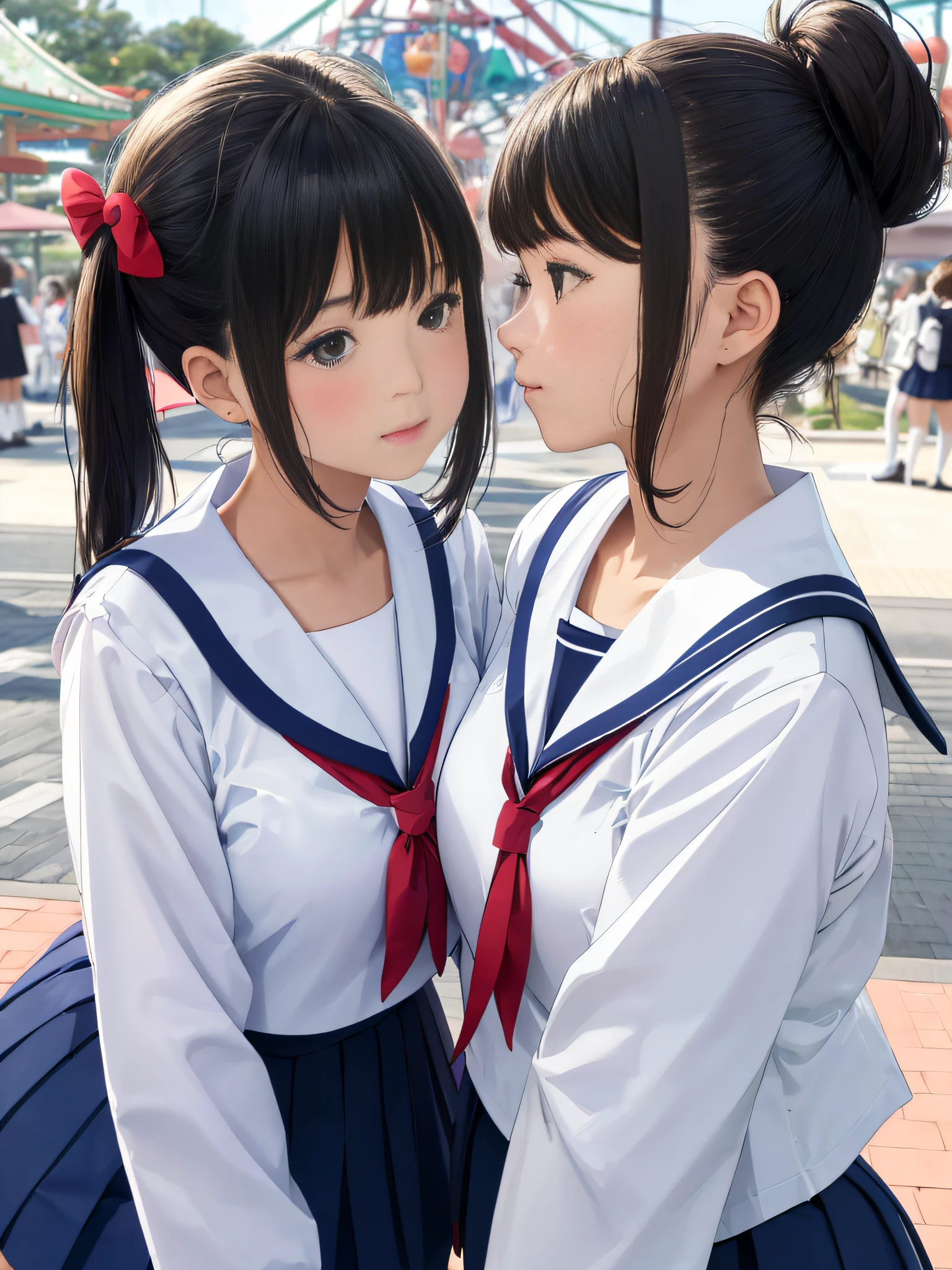 Girl, Japan uniform, (sailor suit), amusement park, cute hairstyle, looking at shoulders from the side close-up, (collar look in close-up from the side)