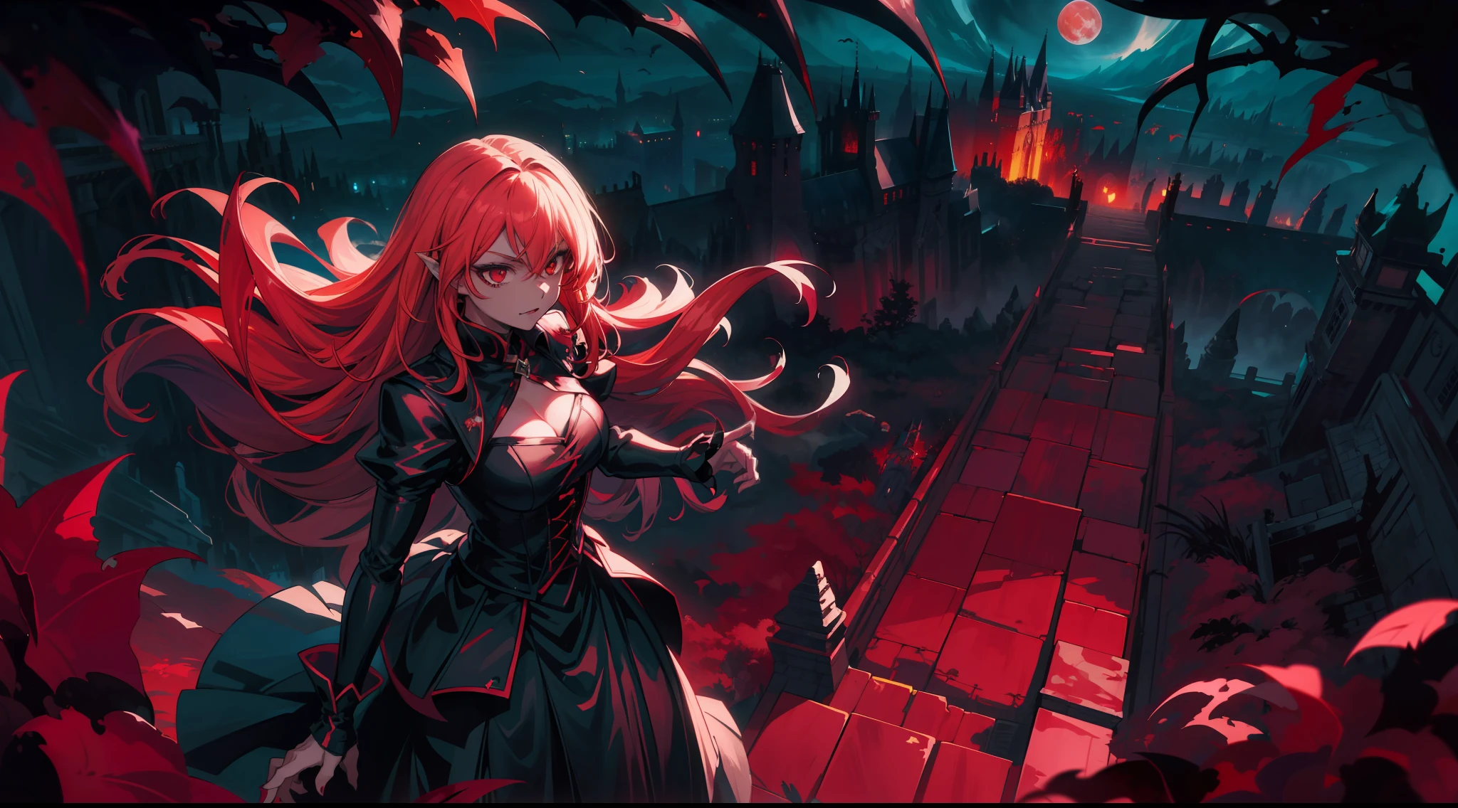 (the best quality:1.4), anime, 1 female vampire cute, dynamic pose, detailed character design, vibrant colors, dramatic lighting, high contrast, creative composition, expansive landscape, blood moon, night, leaves in the wind, the vampire's castle, perfect hands