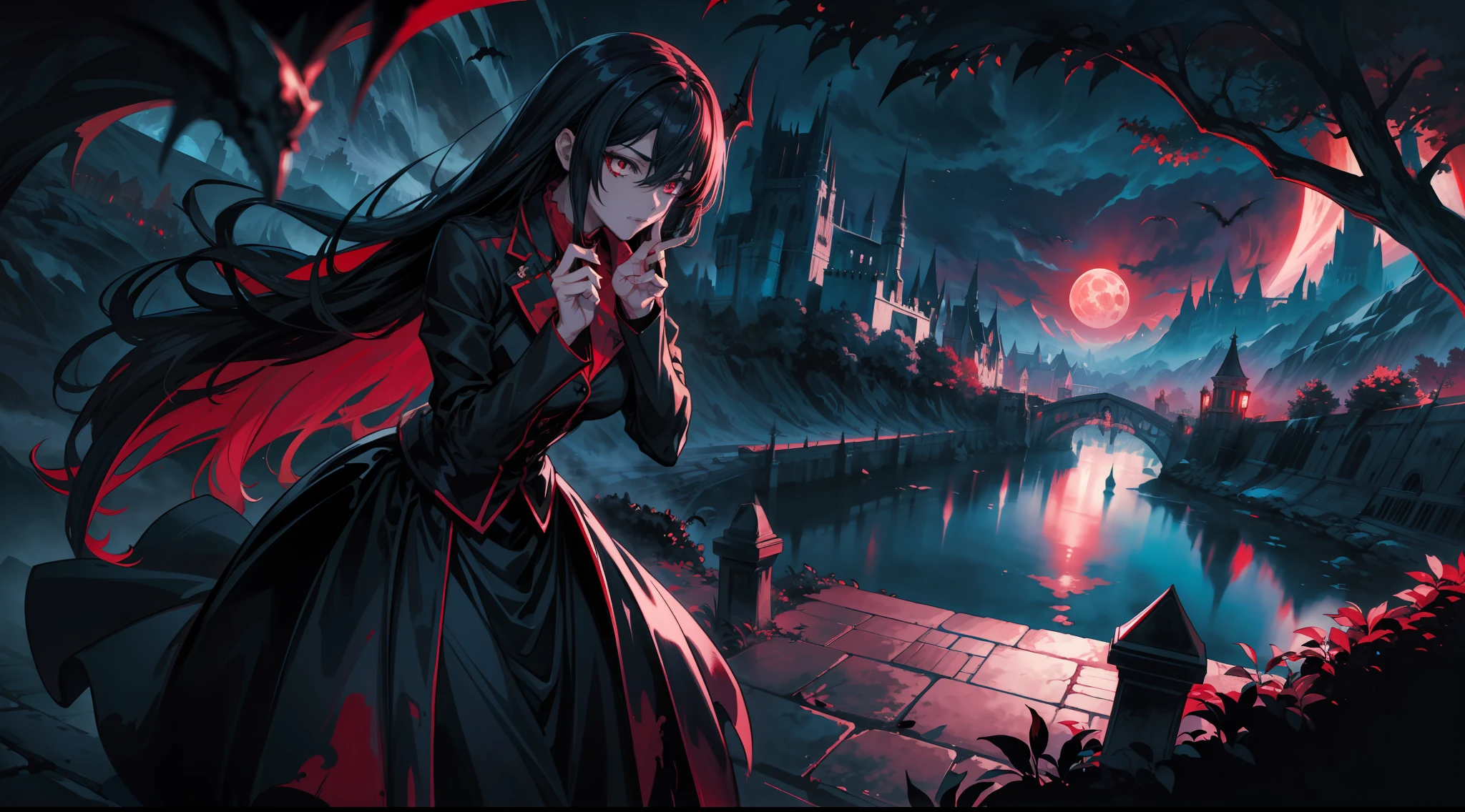 (the best quality:1.4), anime, 1 female vampire cute, dynamic pose, detailed character design, vibrant colors, dramatic lighting, high contrast, creative composition, expansive landscape, blood moon, night, leaves in the wind, the vampire's castle, perfect hands