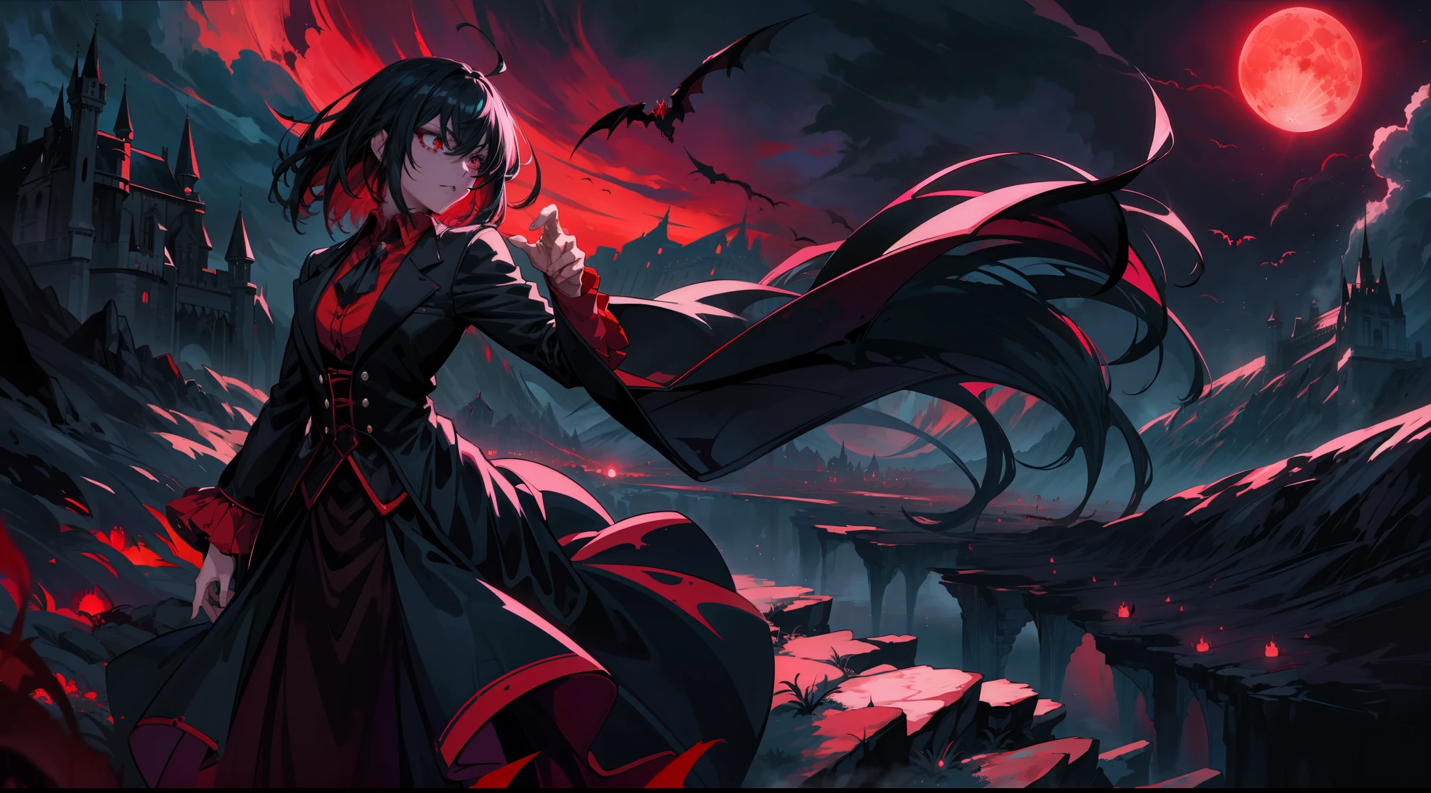 (the best quality:1.4), anime, 1 female vampire cute, dynamic pose, detailed character design, vibrant colors, dramatic lighting, high contrast, creative composition, expansive landscape, blood moon, night, leaves in the wind, the vampire's castle, perfect hands