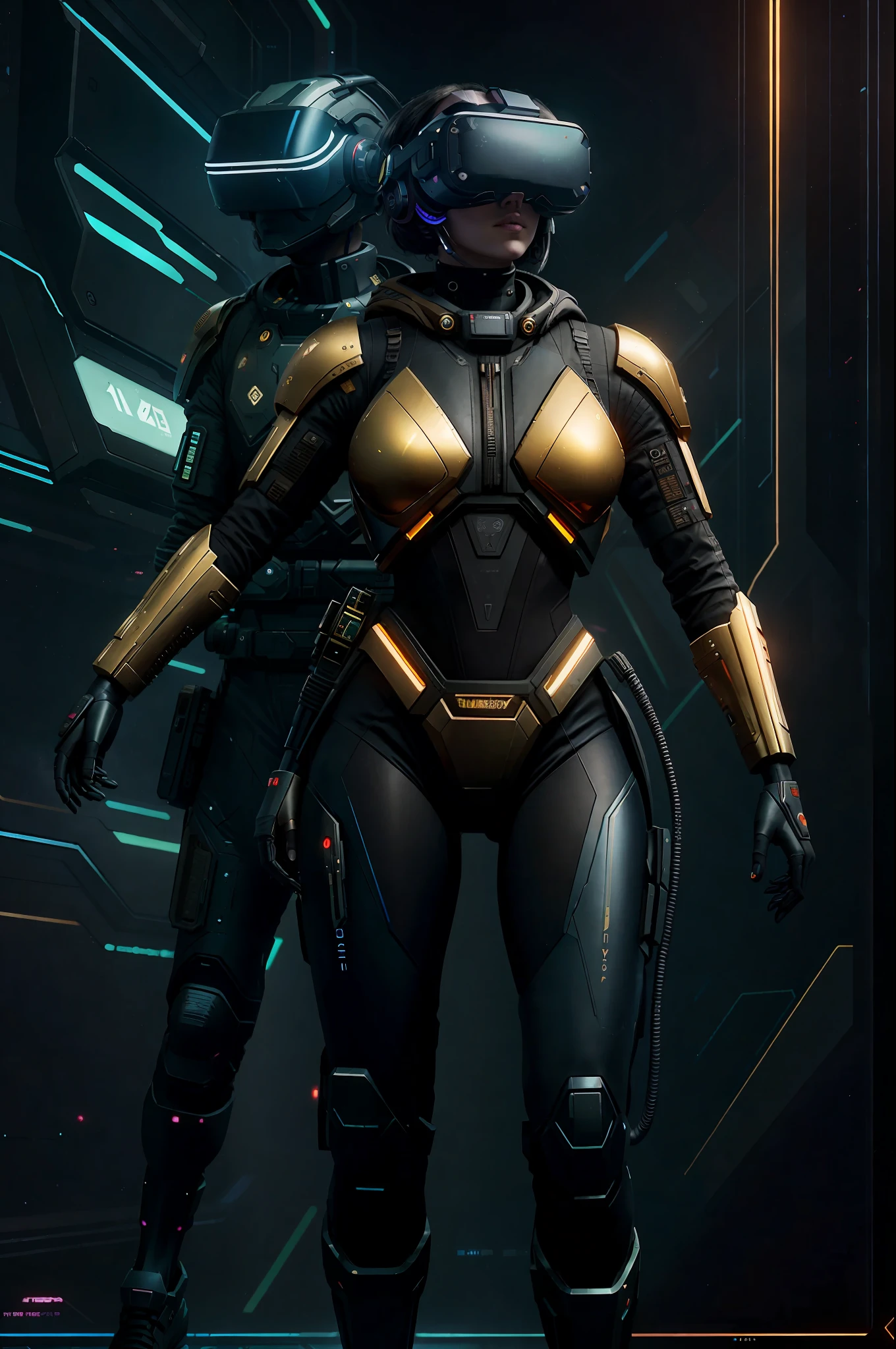 100th anniversary of virtual reality in Silicon Valley, cyberpunk art by Android Jones, cyberpunk art by Beeple!!! , golden spacesuit, tights, synthwave, darksynth, quantum tracerwave, wireframe, artstation trend