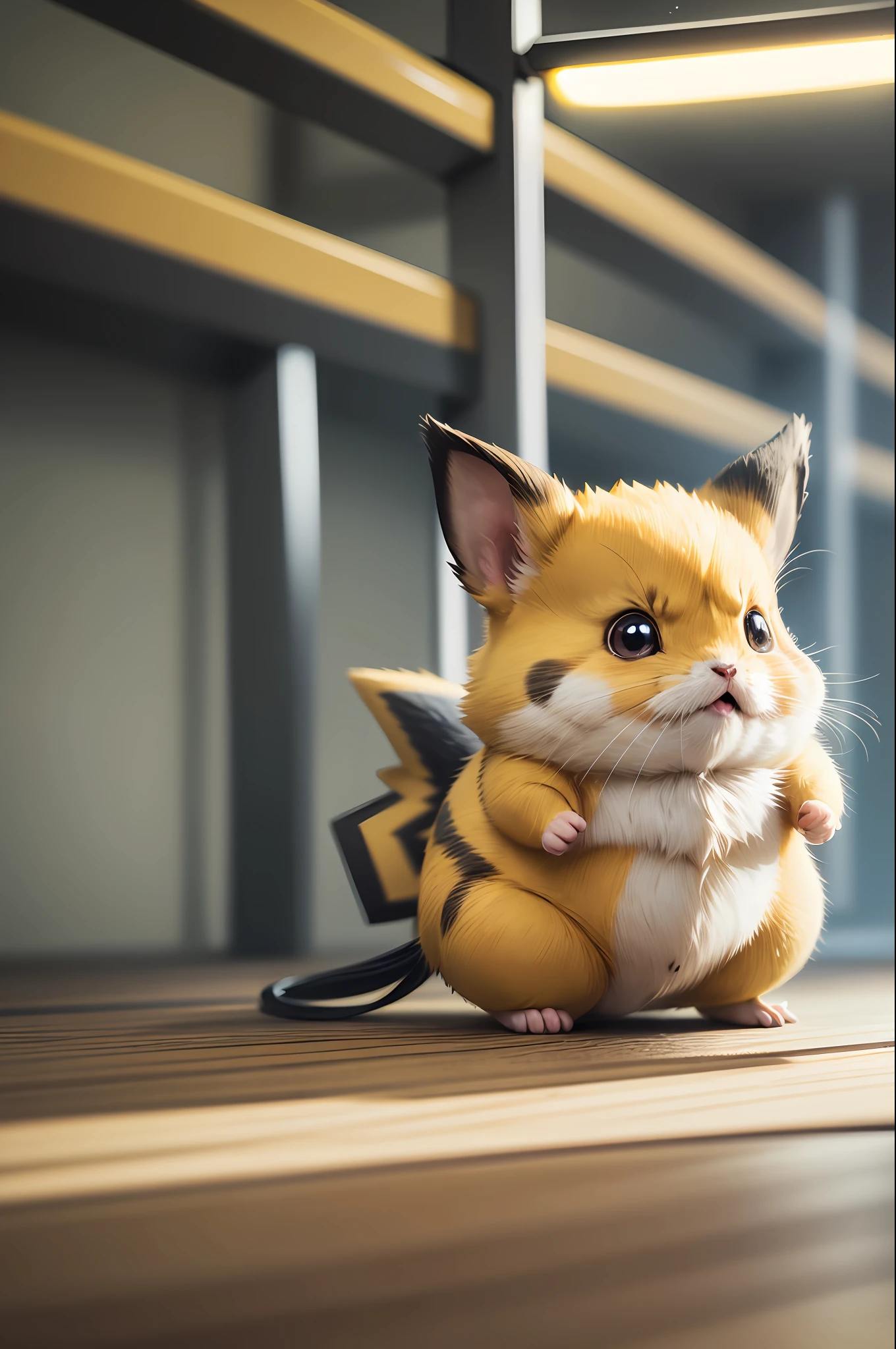 pokemon "1Pikachu" , yellow furry , Little furry beast , hamster, solo , cute fat , Angry , preparing to attack, electric yellow glowing, fur standing,