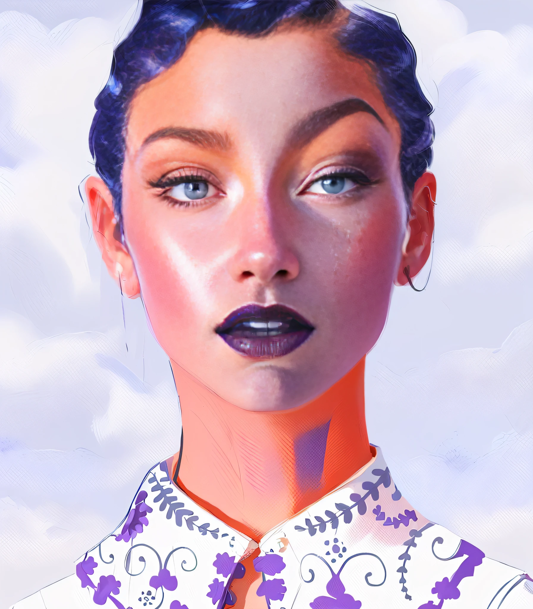 a close up of a woman with a purple lipstick and a white collared shirt, in style of digital illustration, solo portrait 🎨🖌️, epic portrait illustration, digital art of an elegant, digital illustration portrait, digital portrait, inspired by Martine Johanna, rossdraws portrait, portrait of ororo munroe, exquisite digital illustration, in the style of ross tran