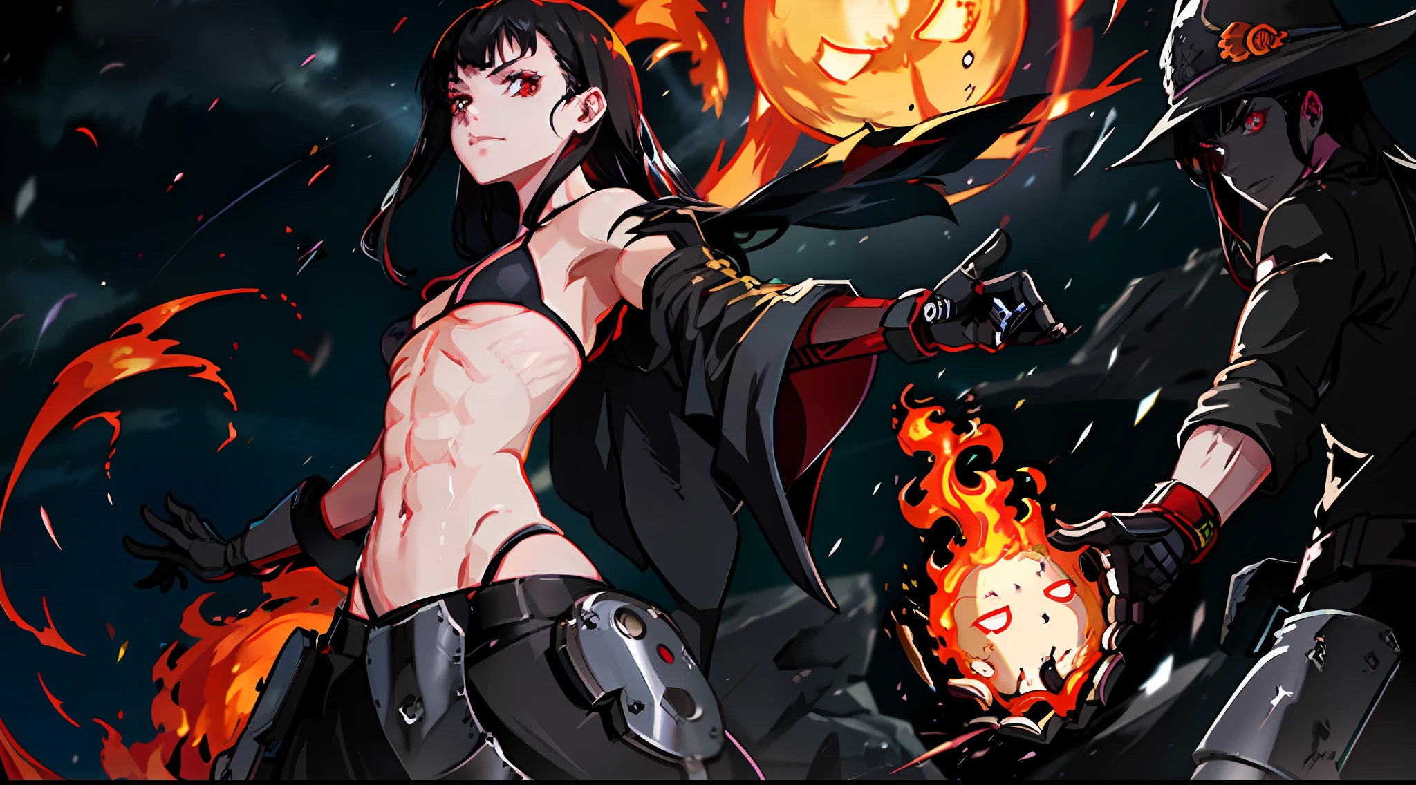 MakiOze, MageCL, 1girl, flame effect, flame in hand, cowboy shot, small breasts, bra, gloves, slim, glowing eyes, navel, pale, dark sky, red moon, exterior, red eyes, villain, masterpiece, evil, bored