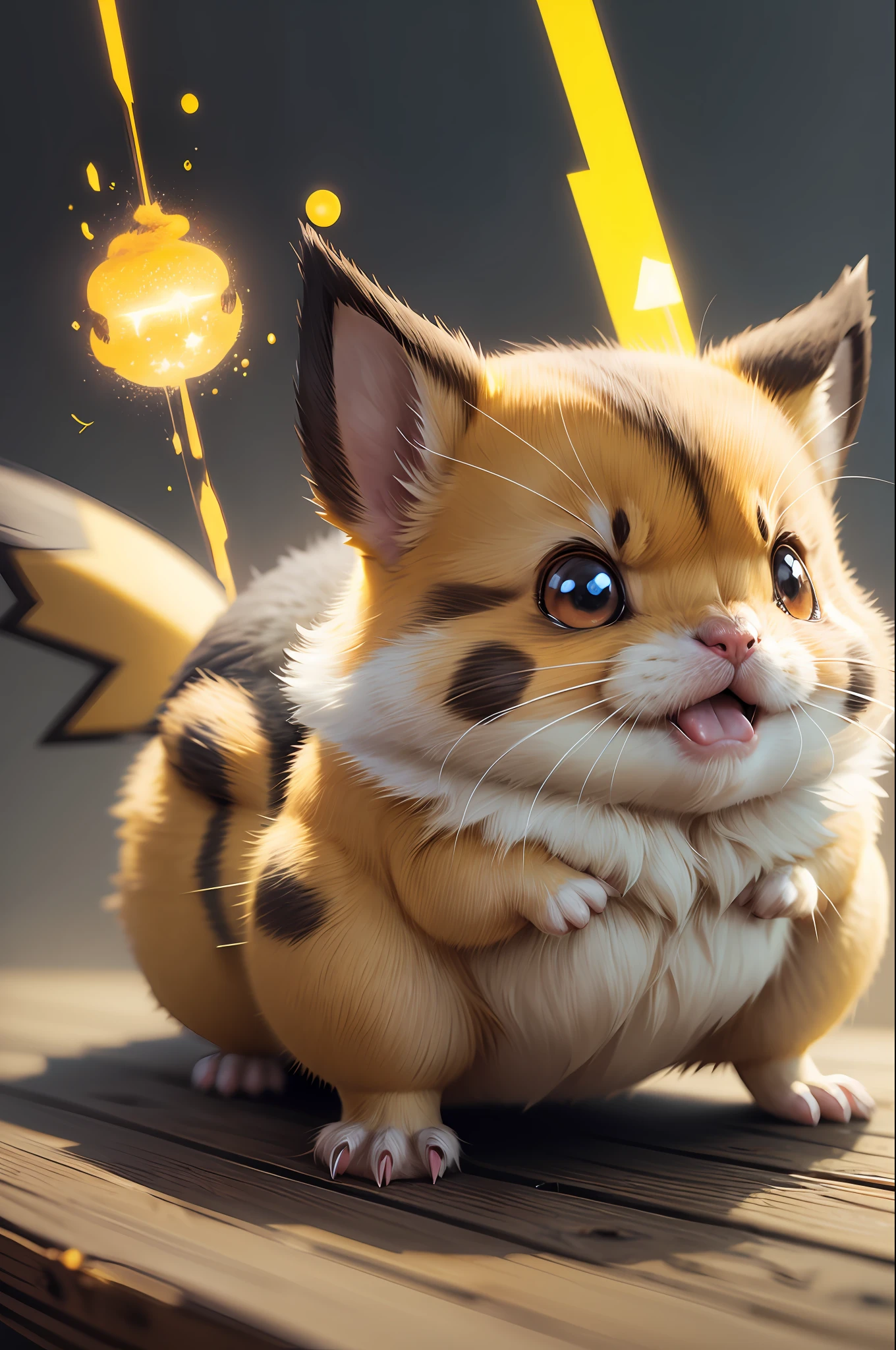 pokemon "1Pikachu" , yellow furry , Little furry beast , hamster, solo , cute fat , Angry , preparing to attack, electric yellow glowing, fur standing,