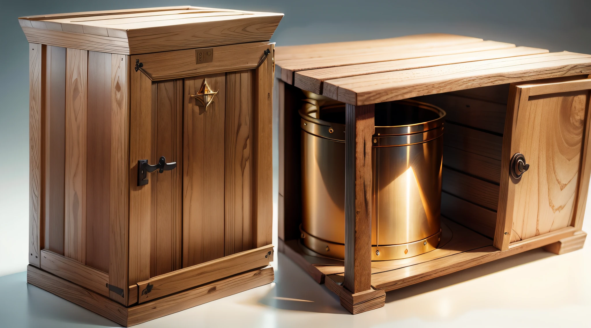 Imagine a rustic bronze cylinder next to the box.