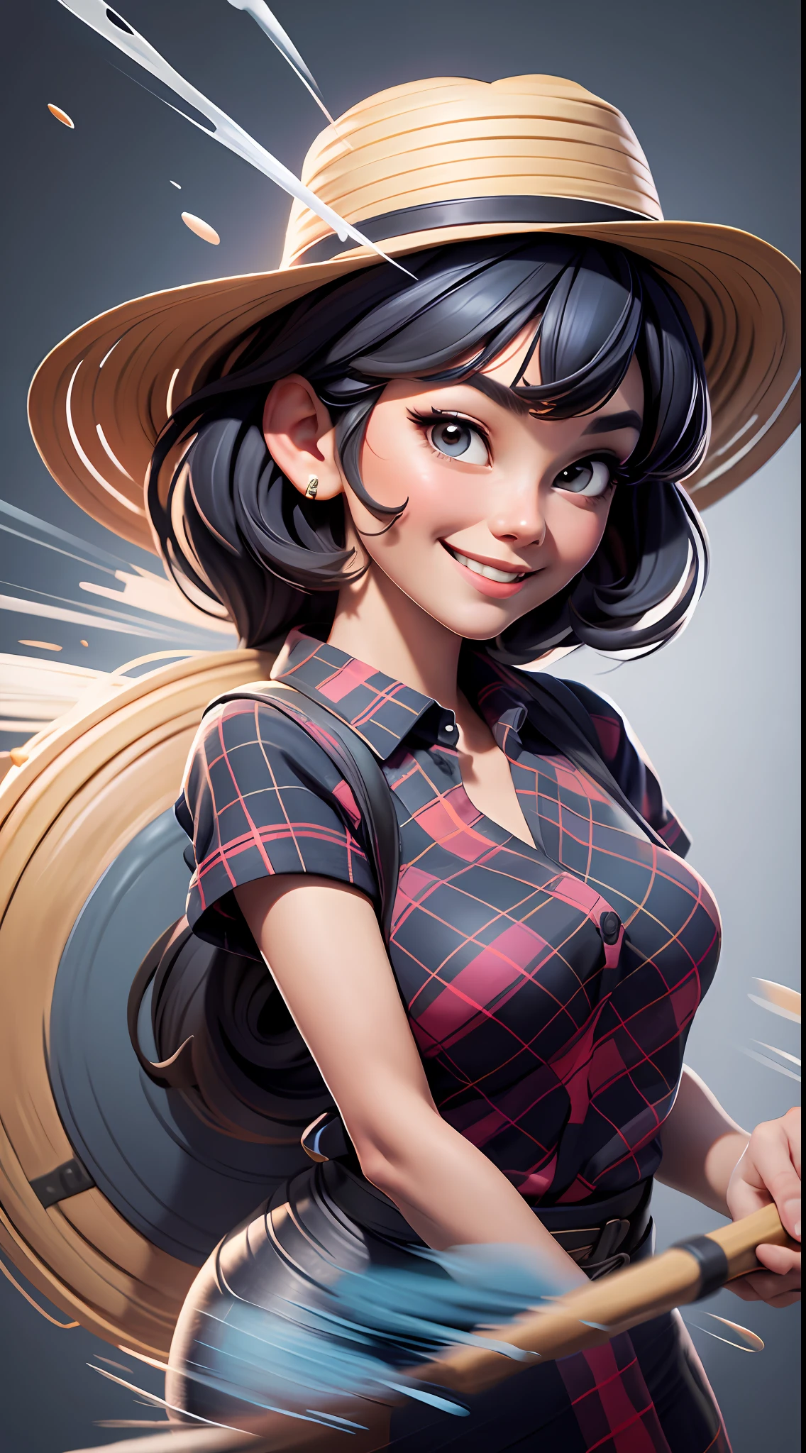 Best quality, realistic, award-winning illustration, (tricky detail: 1.2), (fine detail), (tricky detail), (cinematic lights, best quality), sharp lines, sharp focus, official artwork, 16k, A beautiful woman with smiling face, wearing straw hat, wearing June party hat, June parties, splash bottom flying dishes, floating dishes, a beautiful young chef, wearing black apron with colorful plaid blouse in color,  Wearing jeans, medium black hair, holding a white plate, splash of flying cymbals, character design by George Lucas style, white background.