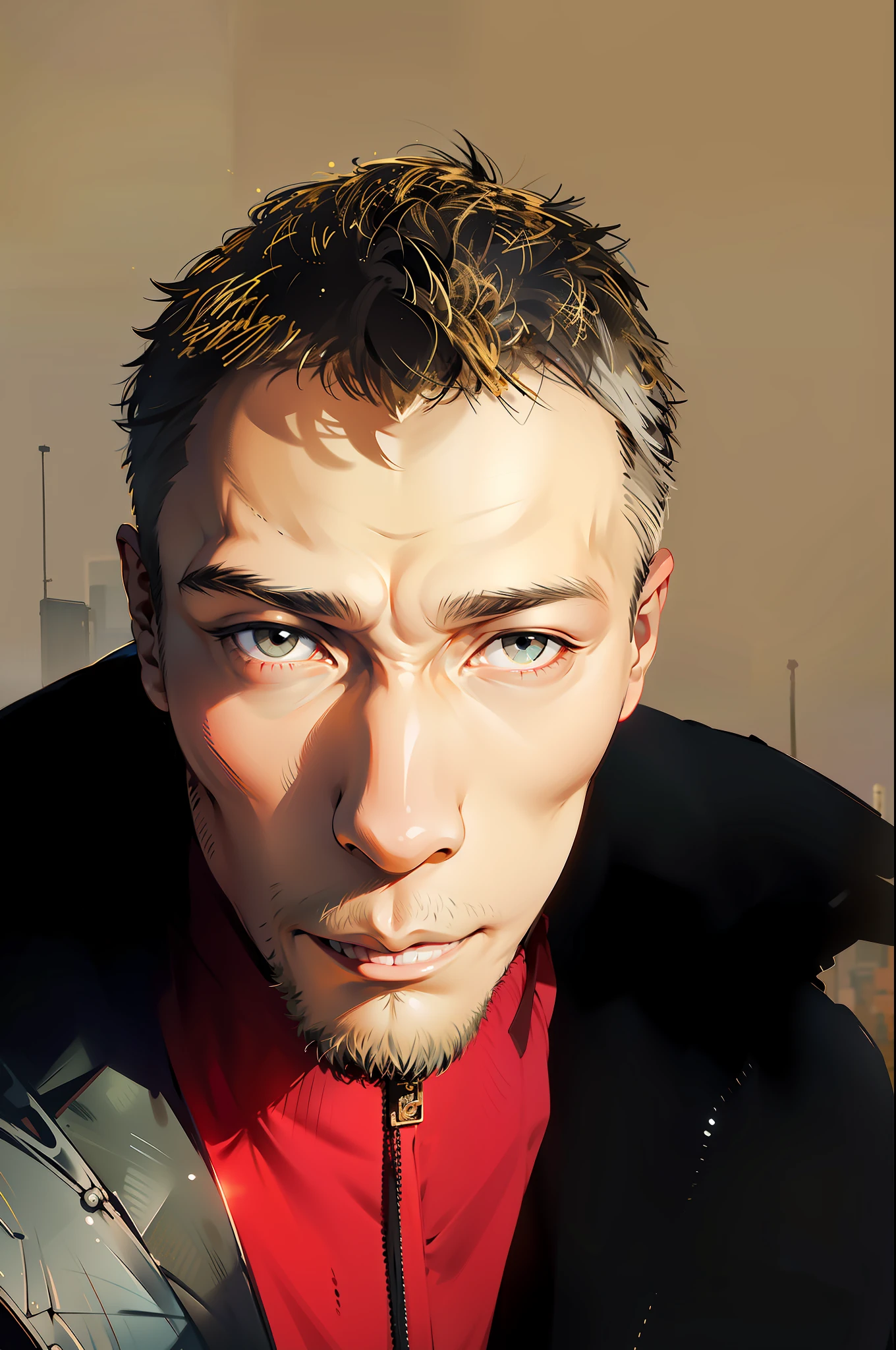 1 man, short hair, muscular, beard, baseball cap, shirtless, no shirt, furry muscular, gold chain, necklace, open jeans, lamppost, (masterpiece, best quality, high resolution, super detailed), Tokyo \ (city), at night, (driving a motorcycle on the street), looking at the audience, front view, Asian, black eyes, black hair