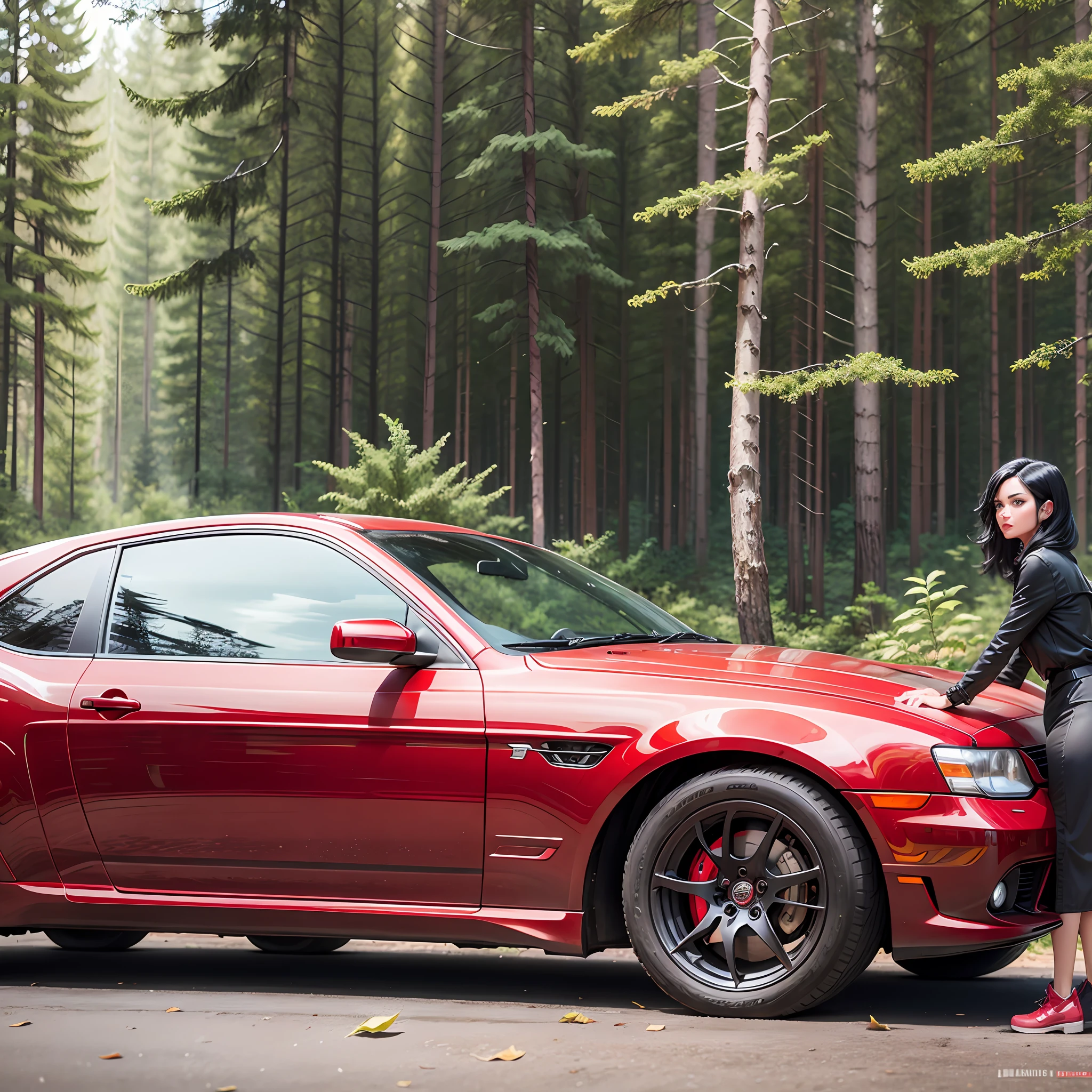 Red car, with black hair woman inside, on a site with asphalt with trees and forest --auto --s2