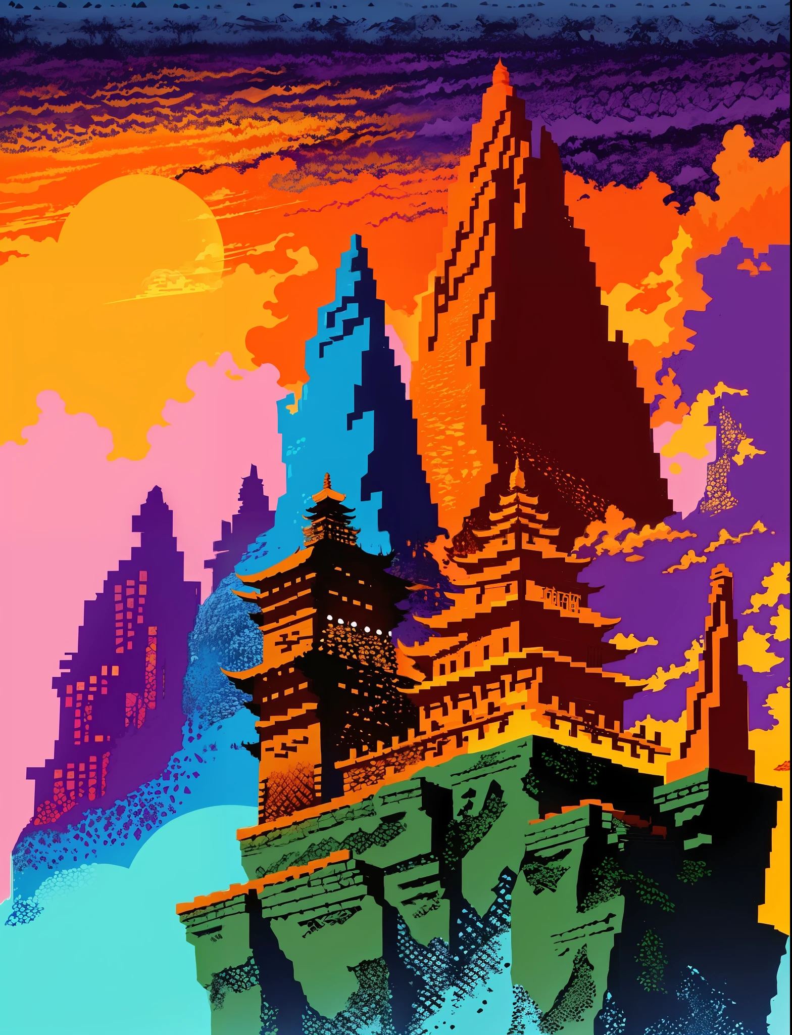 Mountain,Temple,Cliff,Sunset,Orange glow,Peaceful,Serene,Stone,Intricate carvings