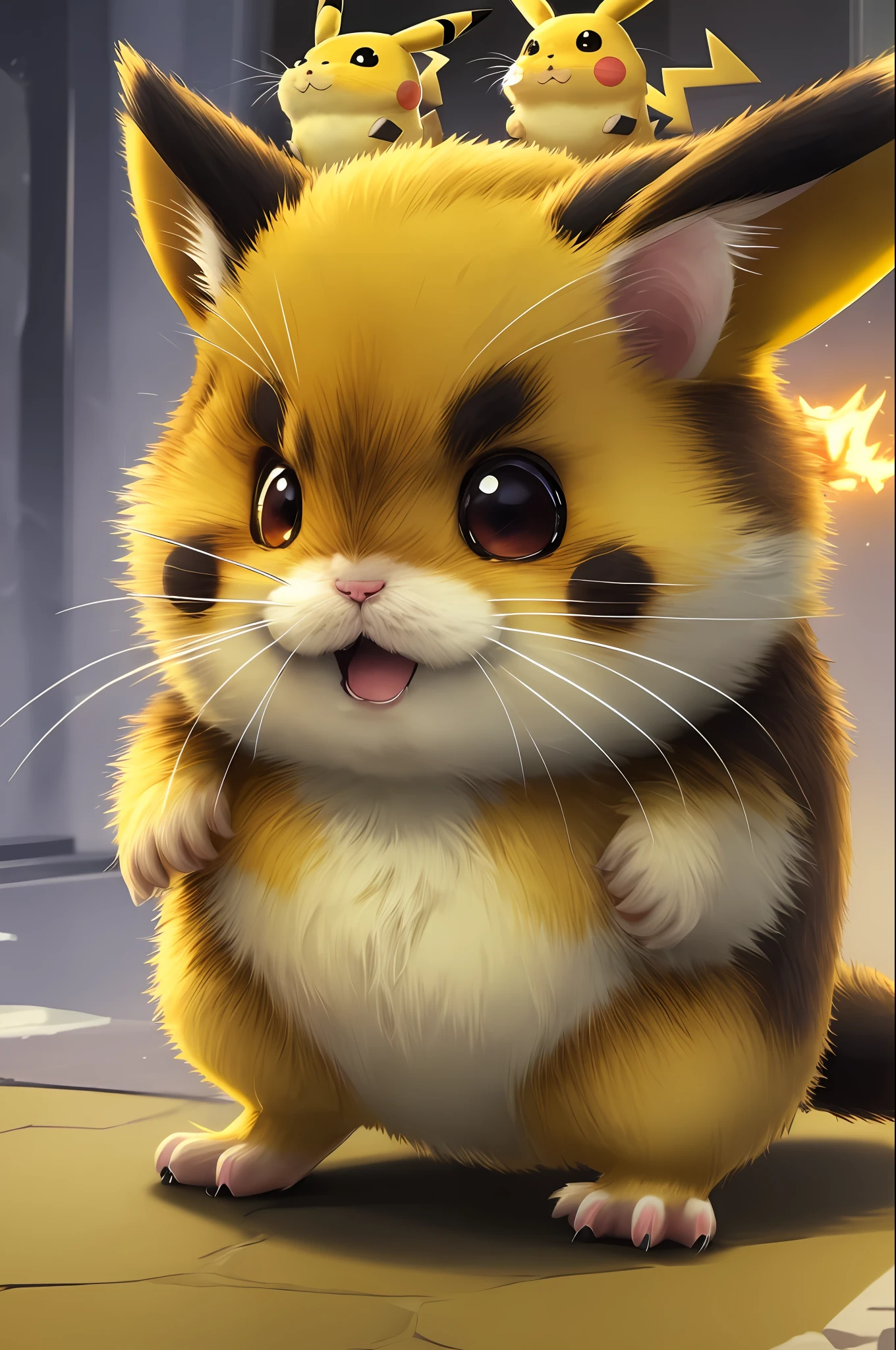 1Pikachu , Little furry beast , hamster, solo , cute fat , Angry , preparing to attack, electric yellow glowing, fur standing, --s2