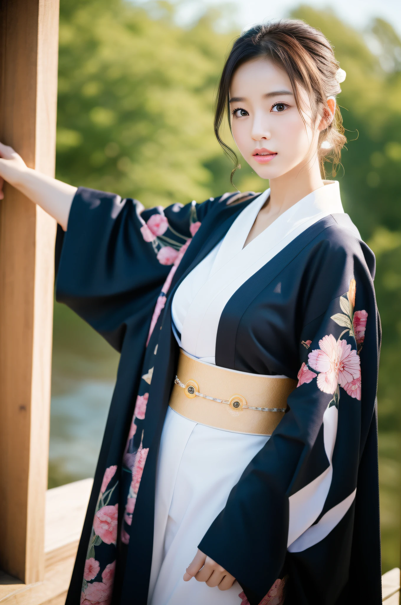 ((Top Quality, 8K, Masterpiece: 1.3)), Sharp Focus: 1.2, (Super Beautiful Face: 1.0), (Glossy Skin: 1.0), Realistic Photos, Black Hair, Realistic Pupils, Movie Lighting, Highly Detailed Eyes and Face, Movie Lighting,  (Cowboy Shot: 1.0),  (kimono, hakama, obi: 1.2), (Korean Cute Actress), in nature, , classic kimono, medium breasts