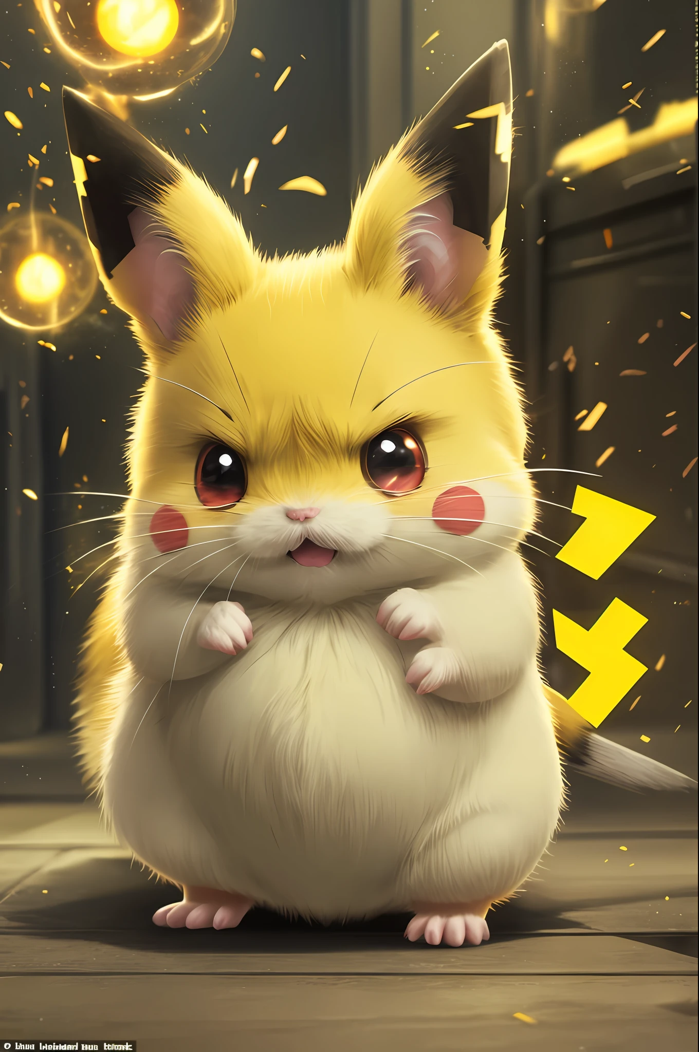 1Pikachu , Little furry beast , hamster, solo , cute fat , Angry , preparing to attack, electric yellow glowing, fur standing,