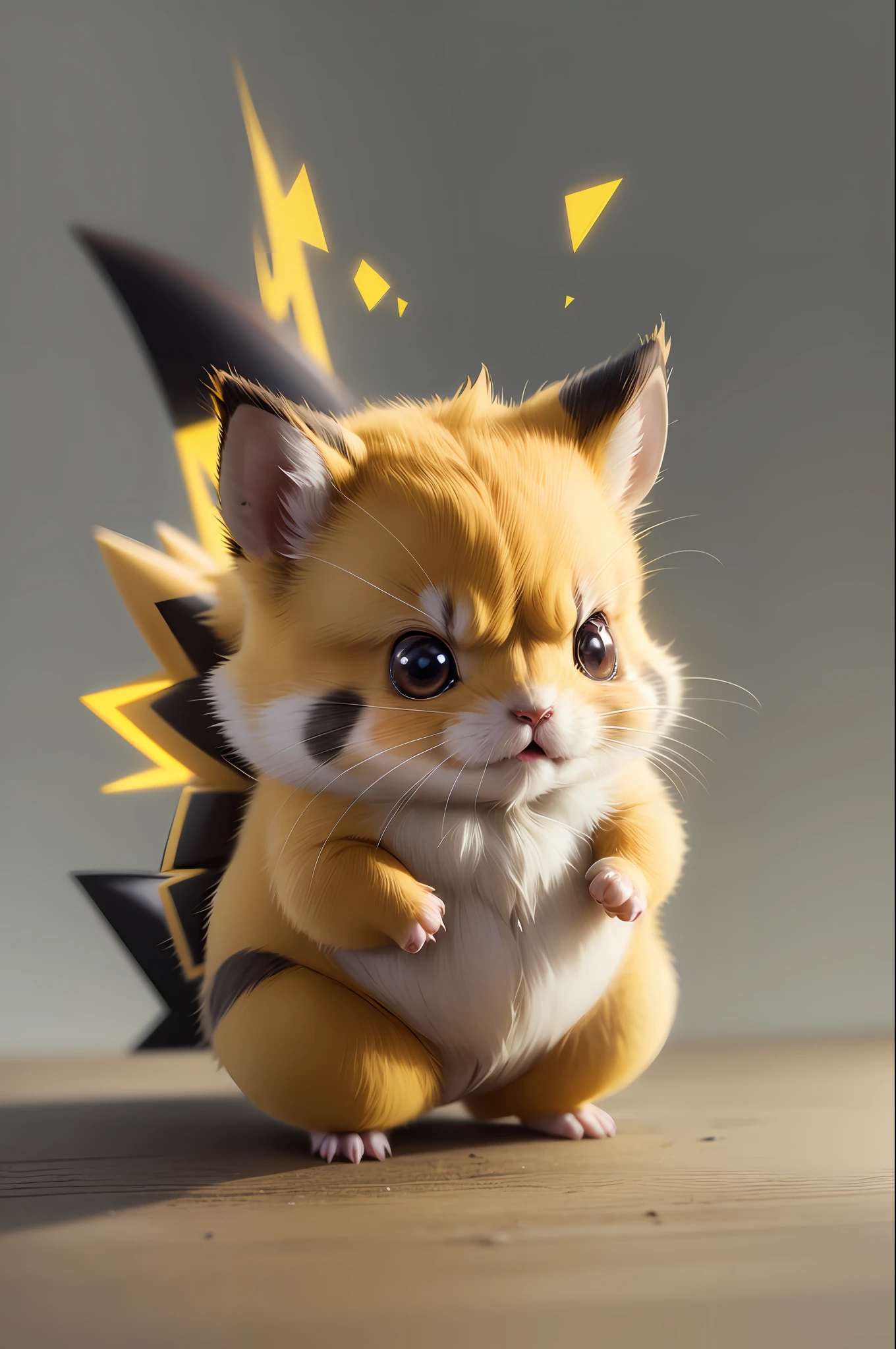 pokemon "1Pikachu" , yellow furry , Little furry beast , hamster, solo , cute fat , Angry , preparing to attack, electric yellow glowing, fur standing,