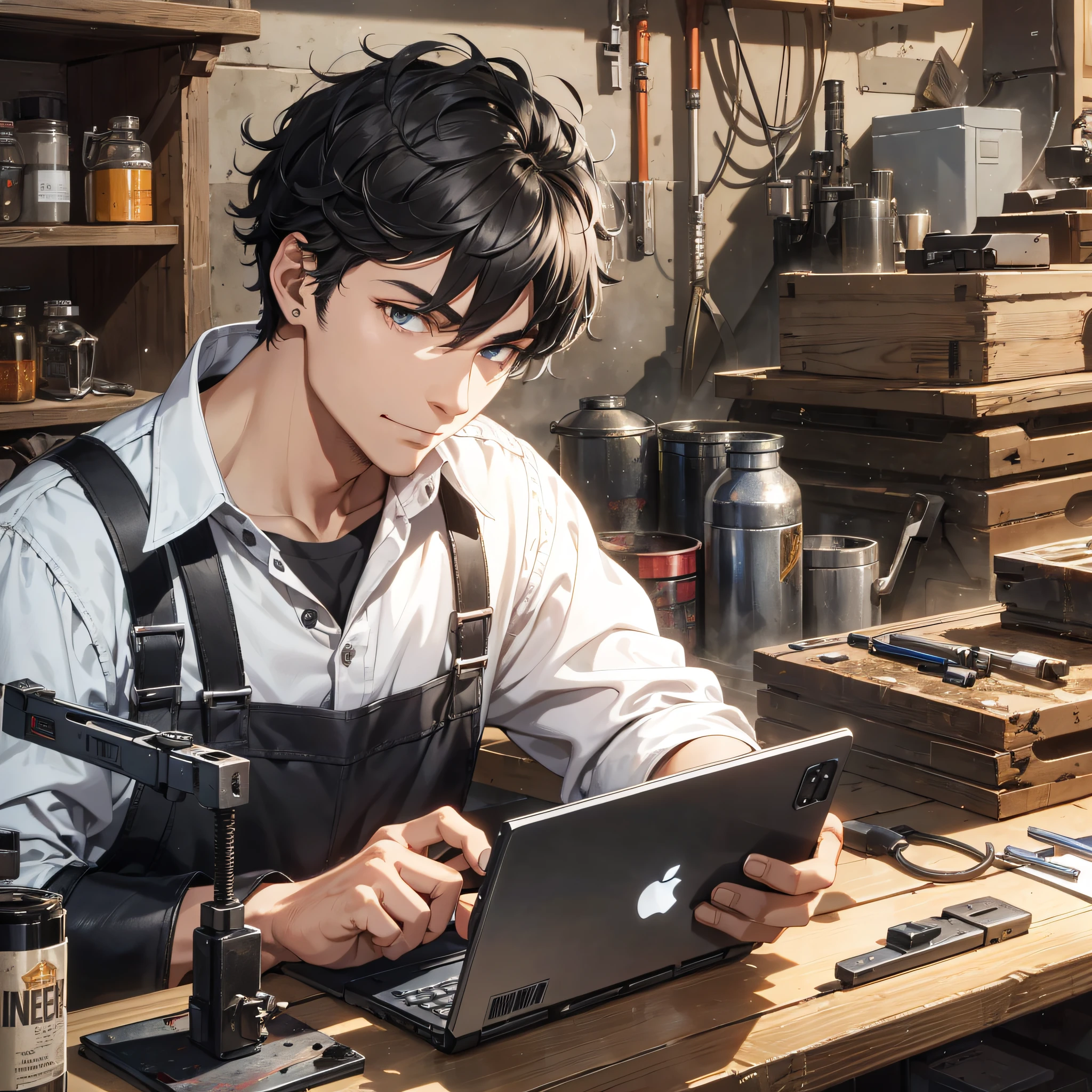 Absurd resolution, high resolution, (masterpiece: 1.4), hyper-detail, young man messy short black hair, welder dressed up, on the phone (1.2), smug expression, workbench, tech-sense screen