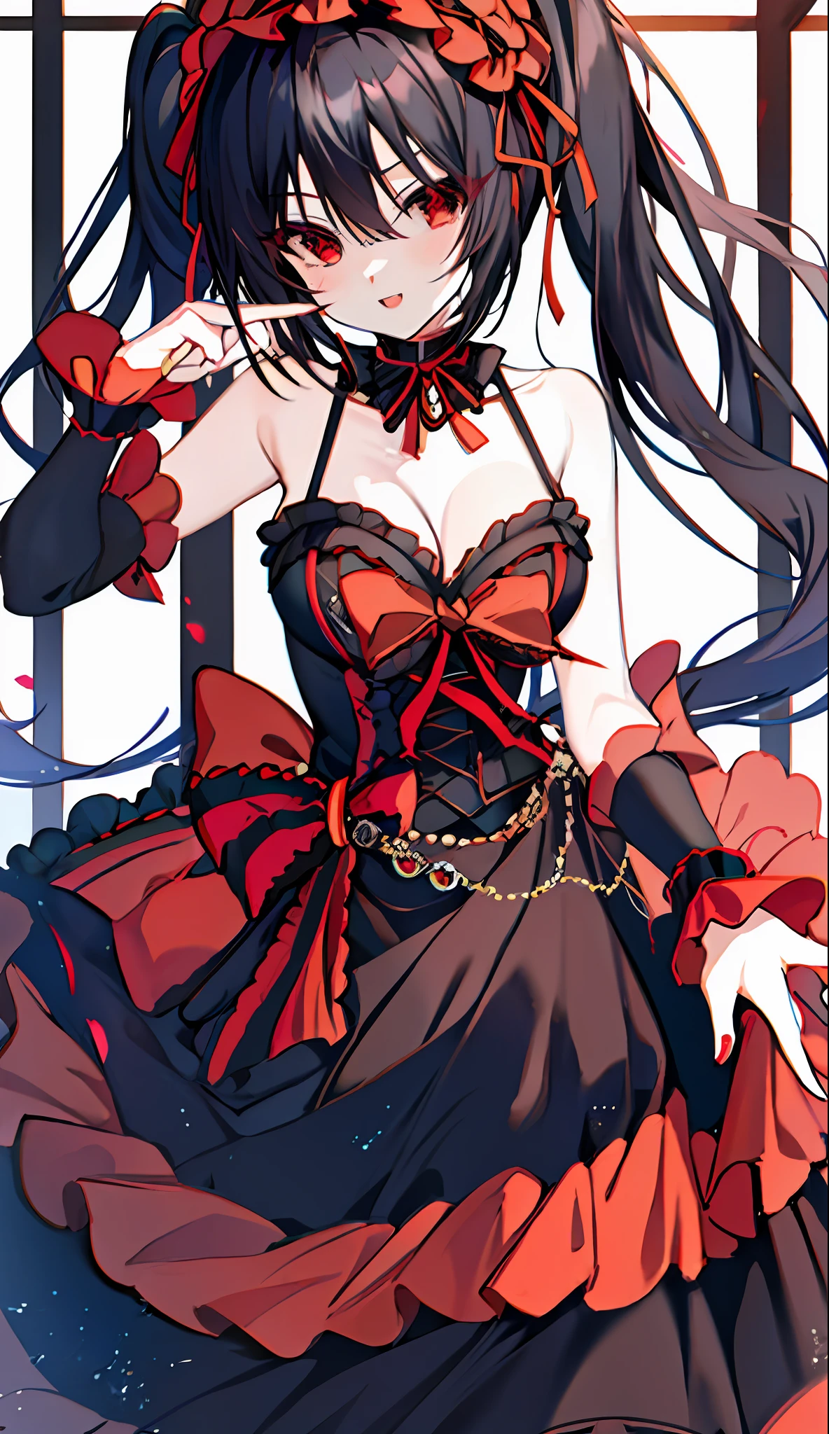 18 Year Old Beautiful Girl, Masterpiece, Top Quality, 8K Anime, 1 Girl, Solo, Detailed Fingers, Precise Fingers, Non-Unnatural Hands, Odd Eye, Red Eyes, Cleavage, Black Hair Twin Tails, Kurumi Tokizaki