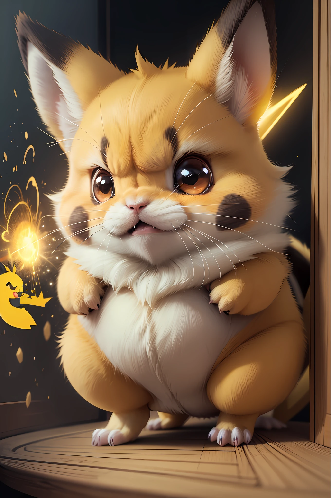 pokemon "1Pikachu" , yellow furry , Little furry beast , hamster, solo , cute fat , Angry , preparing to attack, electric yellow glowing, fur standing,