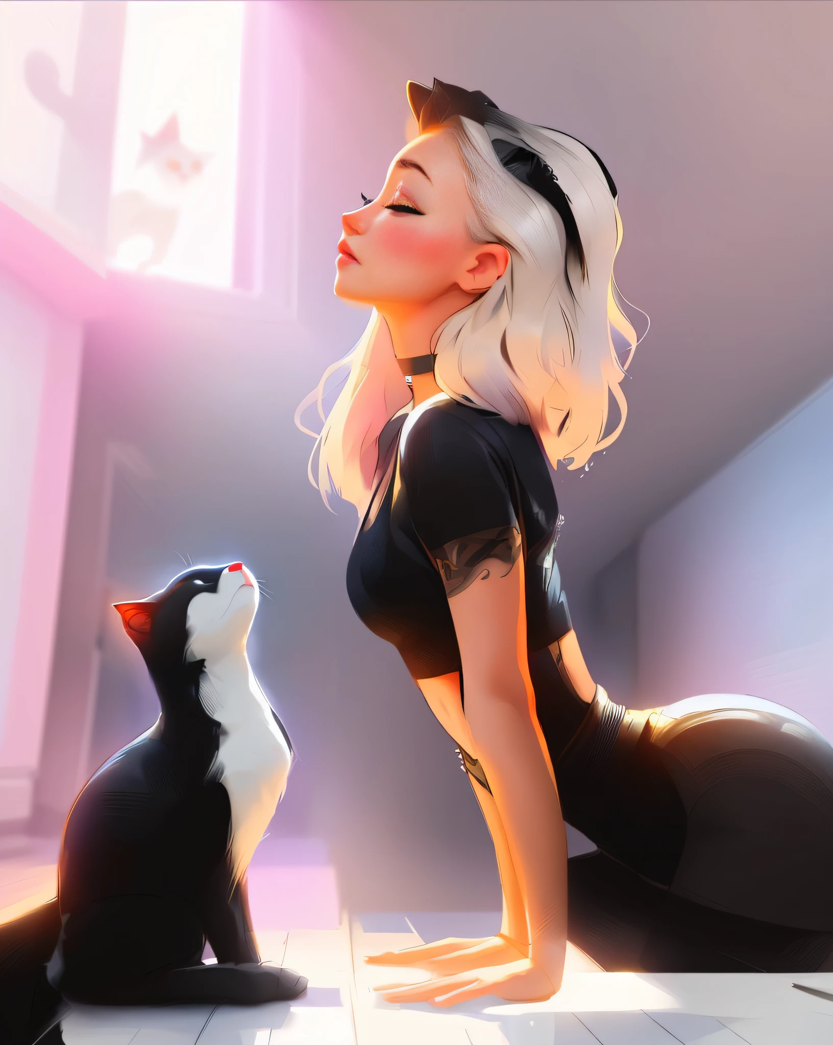 a close up of a woman in a black top and a cat, lois van baarle and rossdraws, lois van rossdraws, loish and ross tran, ross tran style, catgirl, beautiful digital artwork, alena aenami and artgerm, by Ross Tran, stunning digital illustration, artgerm and atey ghailan