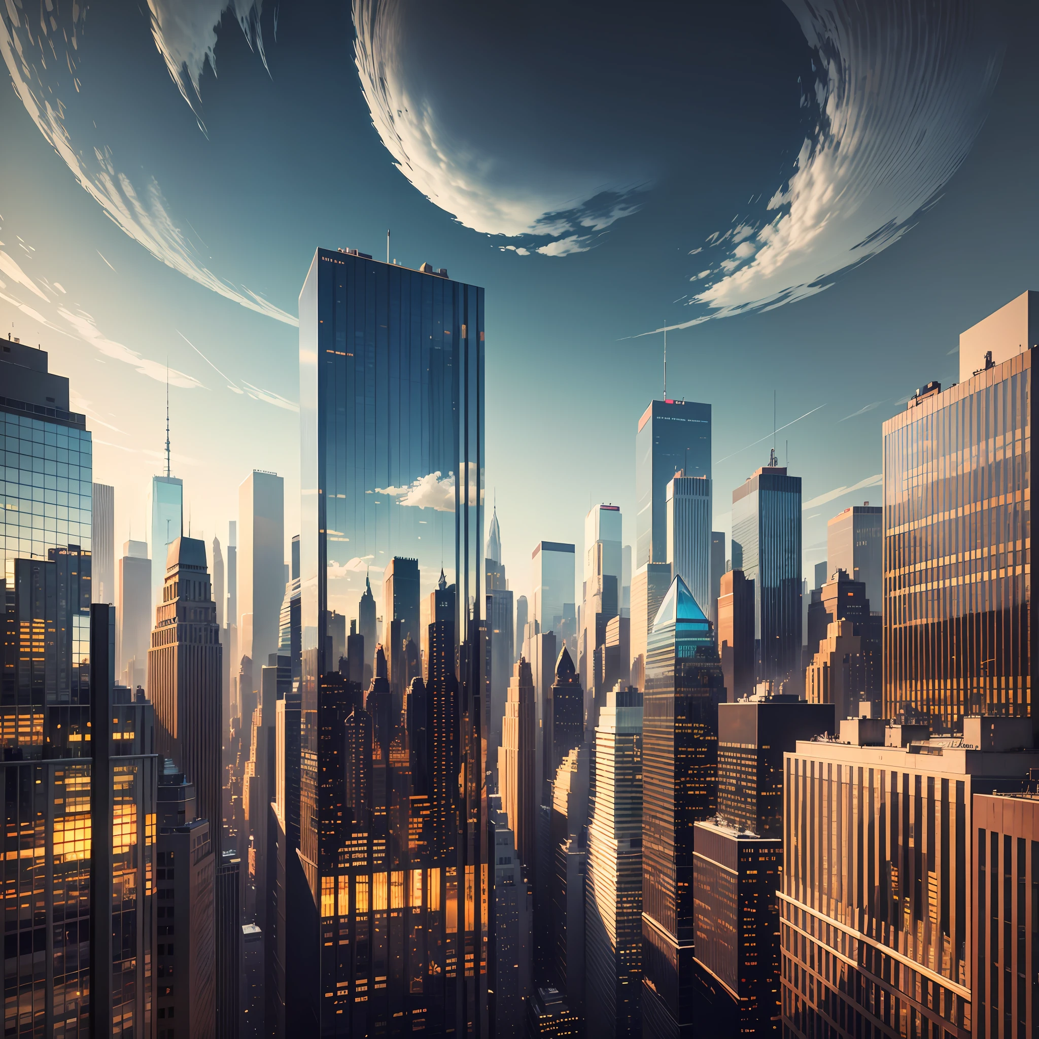 city, new york, bustling, movement, dynamism, urban, landscape, high resolution, daytime weather, diverse perspective, traffic, skyscrapers, reflections on glass, variety of lights, strong shadows, color filtering, buildings, textures, cinematic style.